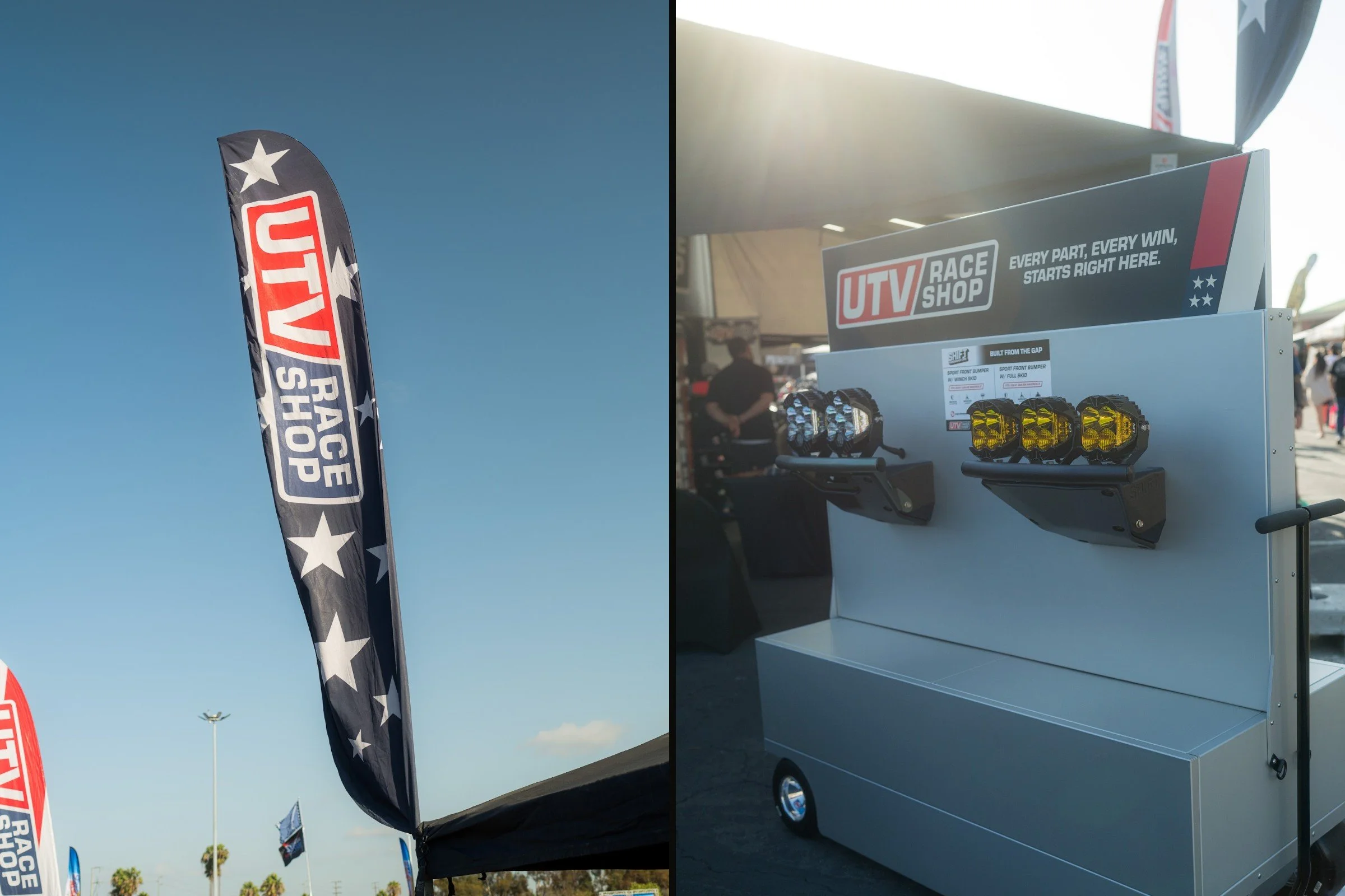 At the Sand Sports Super Show: a UTV Race Shop feather flag with stars, and a booth display wall carrying the logo and tagline.