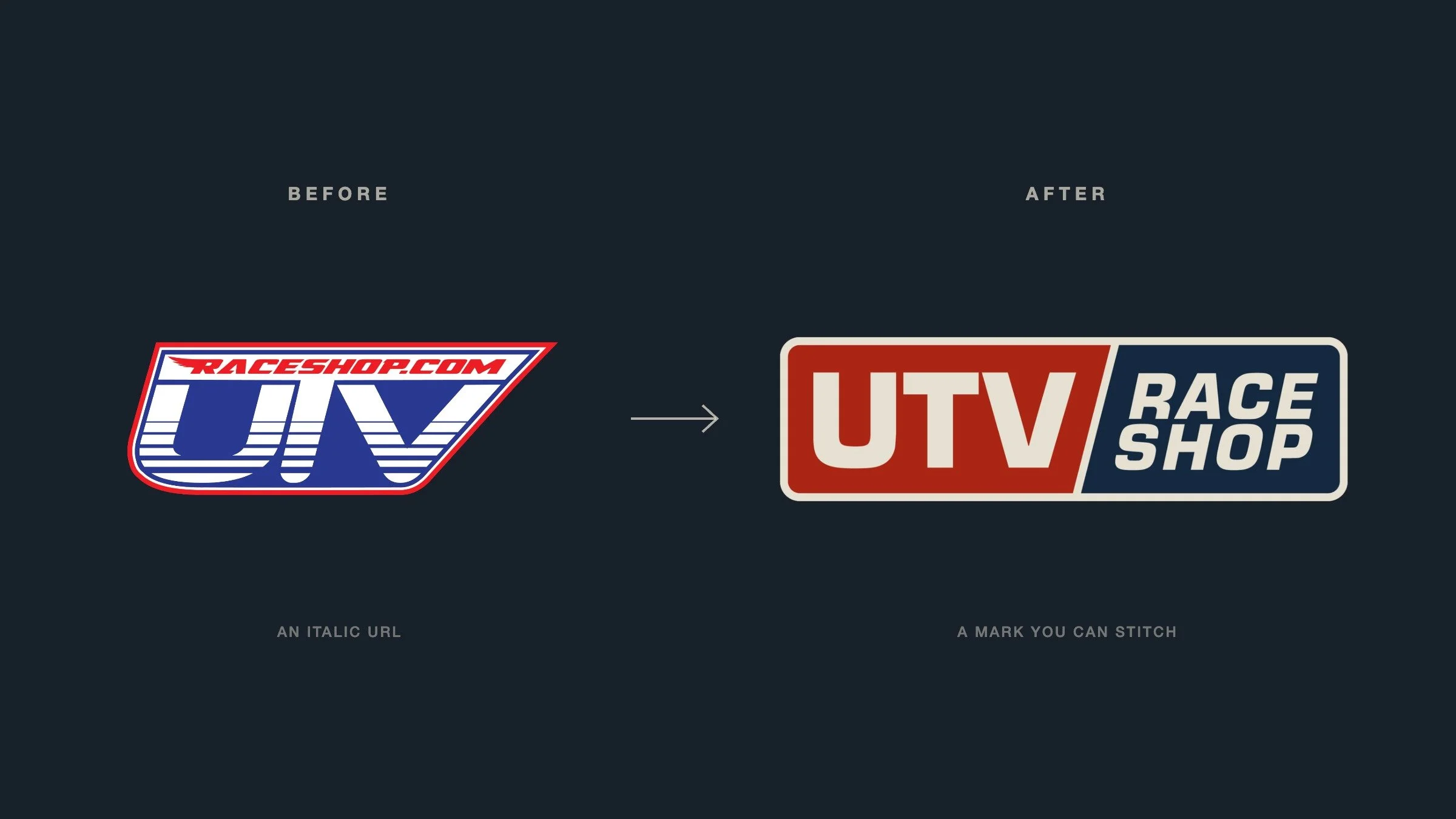 Before and after: the old UTV Race Shop logo, an italic raceshop.com wordmark, beside the new red, white and blue patch-style logo.
