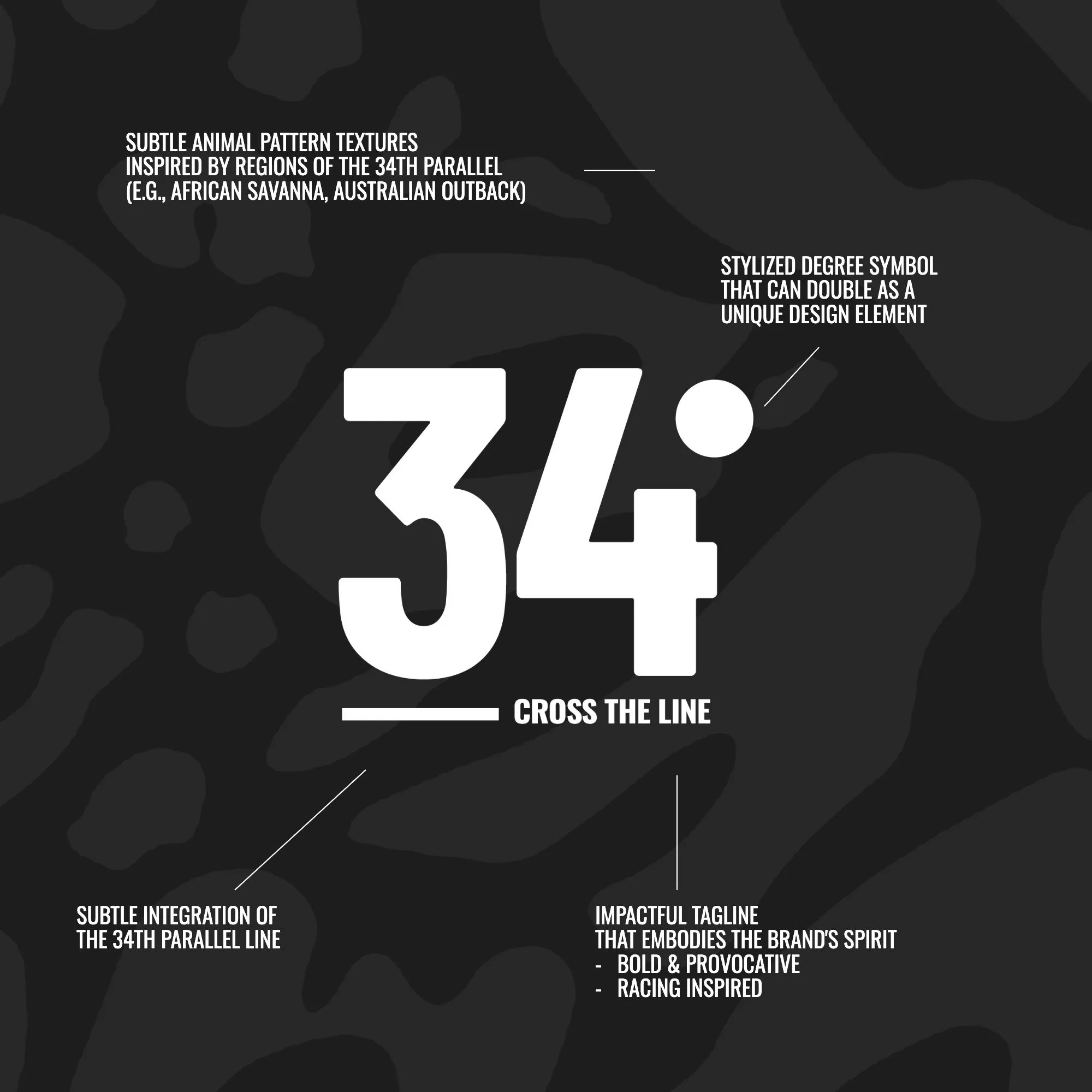 The 34° logo annotated: animal pattern textures from the 34th parallel, the degree symbol as a design element, the parallel line and the tagline
