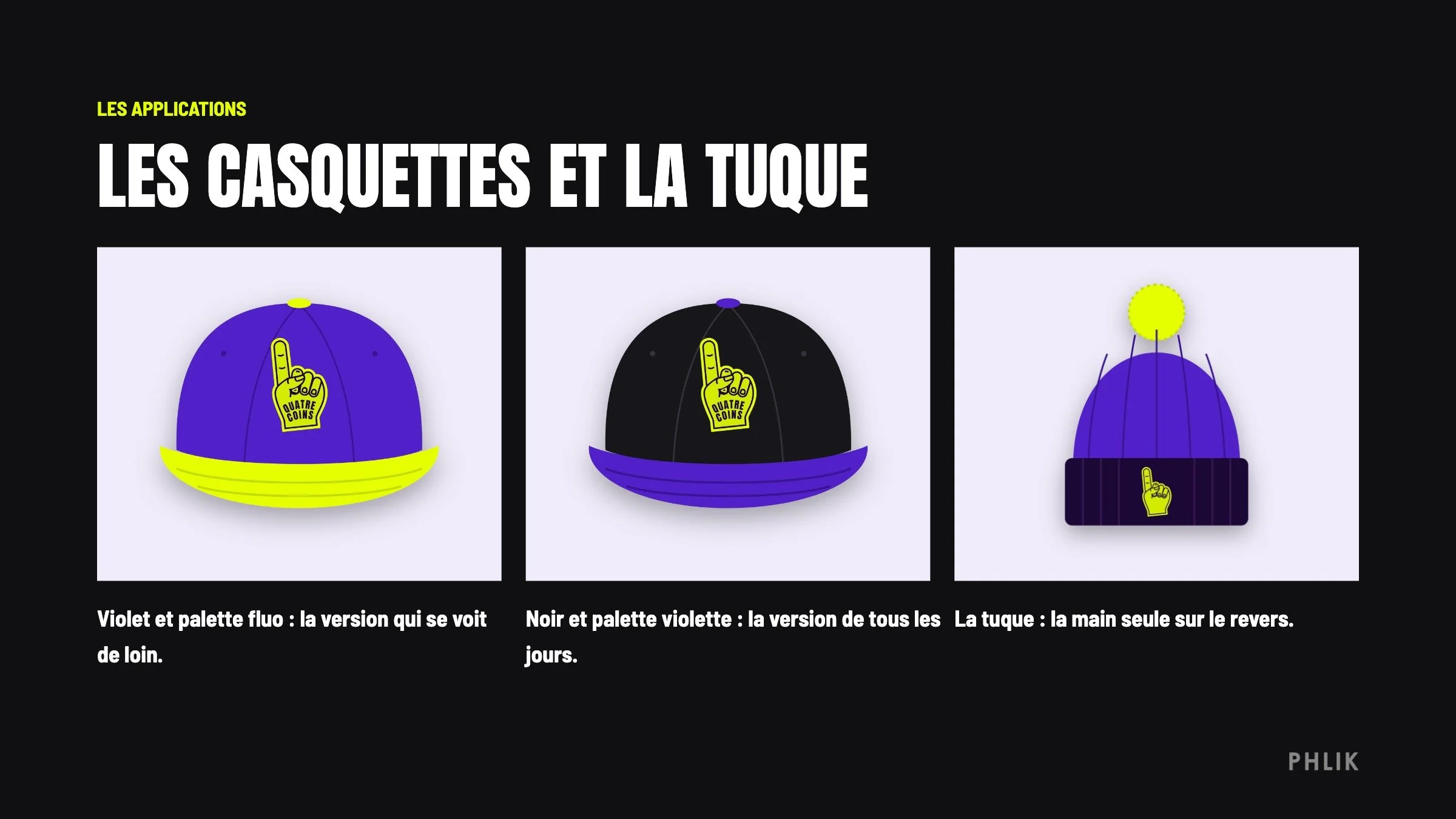Two cap mock-ups and a toque carrying the Quatre Coins foam finger.