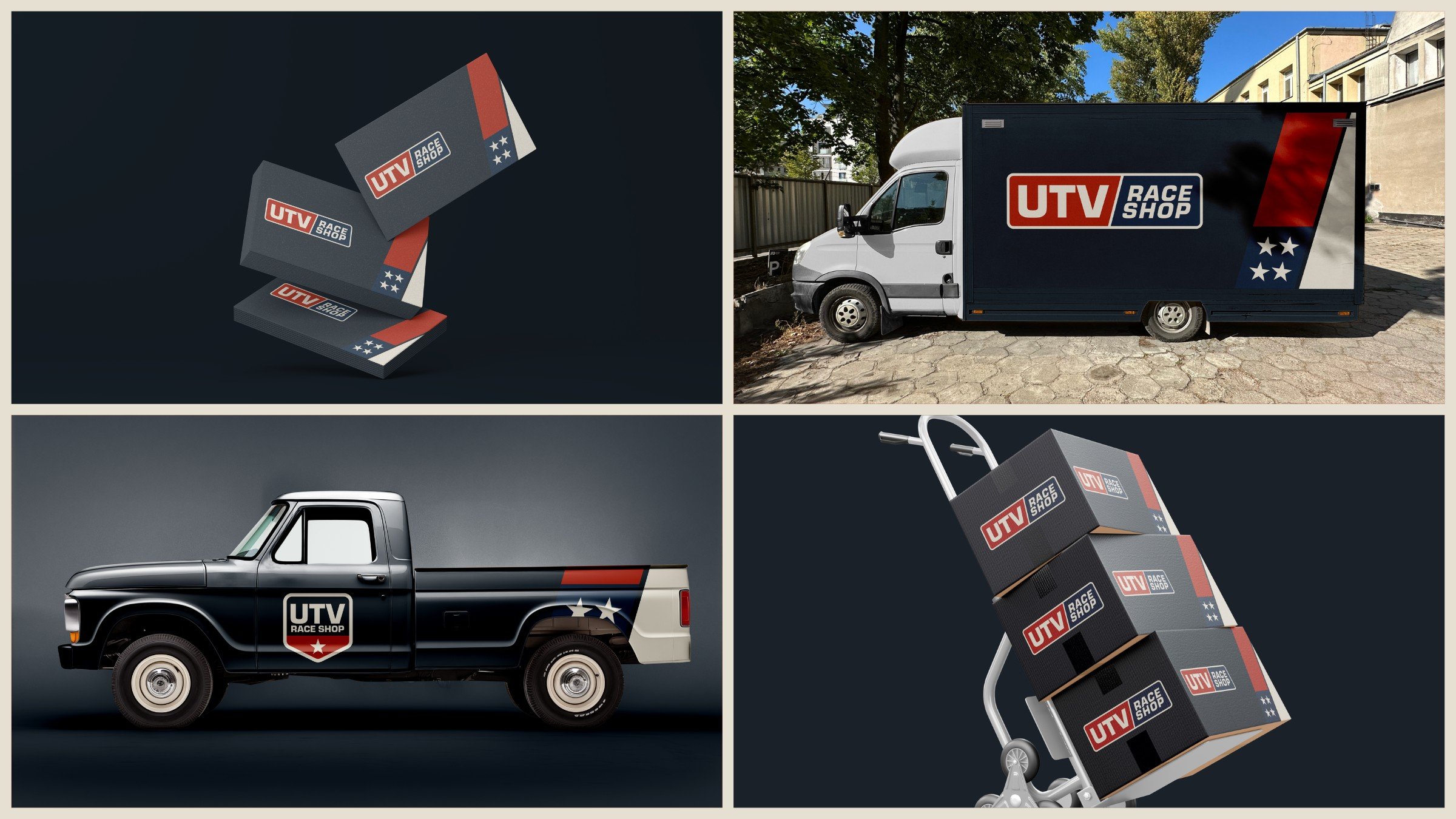 Brand applications: business cards, a delivery truck, a vintage pickup and shipping boxes carrying the new UTV Race Shop identity.