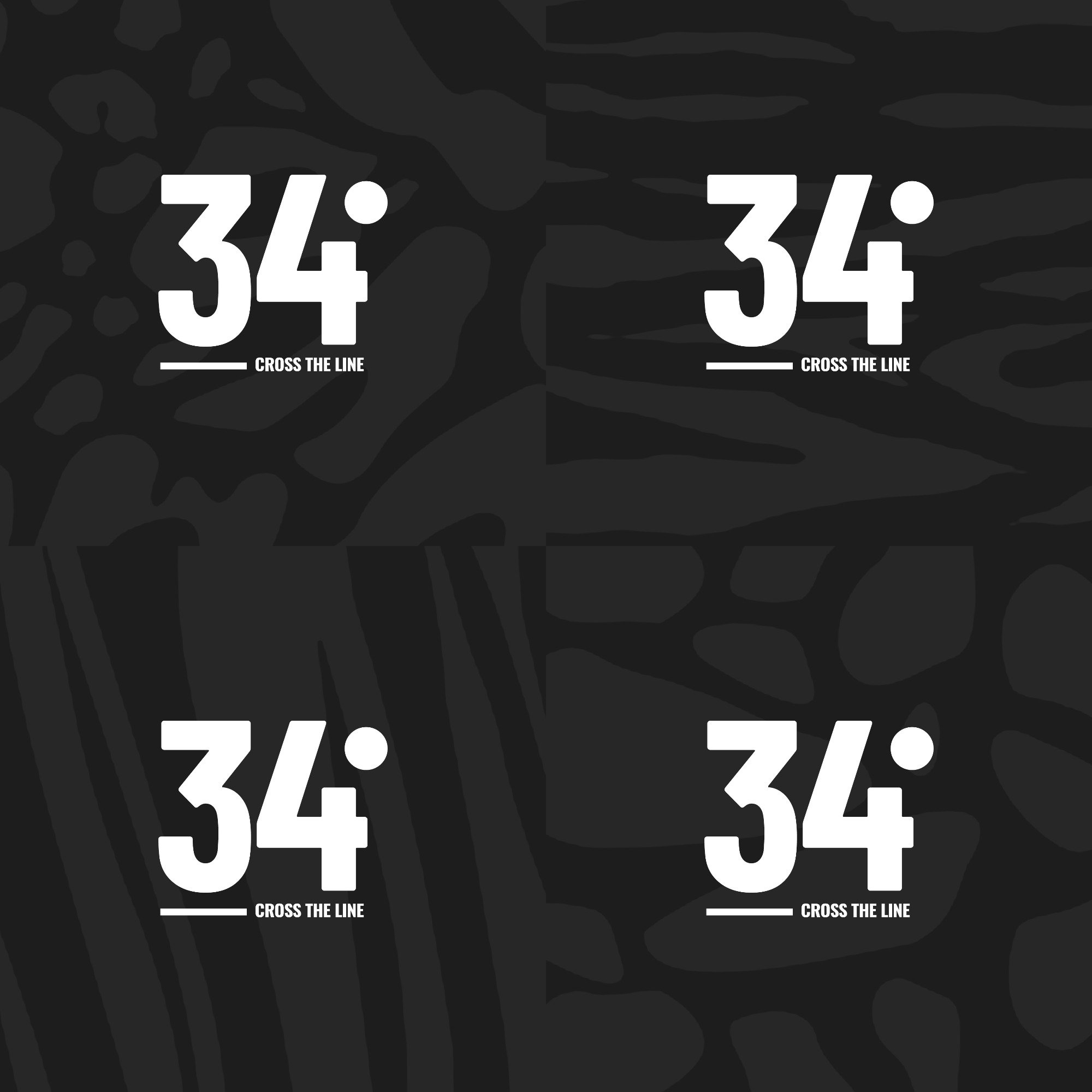 Four versions of the 34° logo, each over a different animal pattern: leopard, zebra, tiger and giraffe