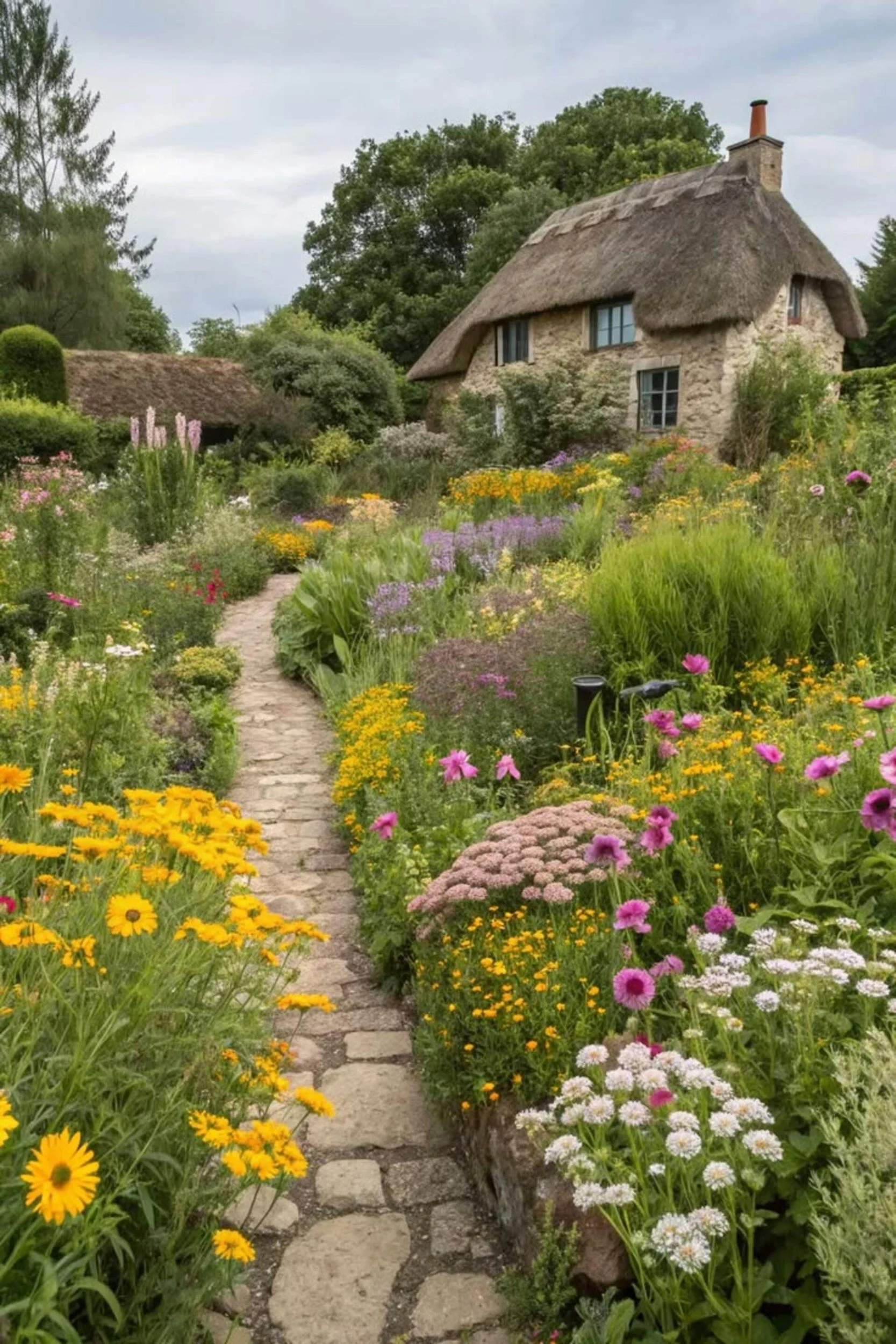 Stone cottage surrounded by a colorful wildflower garden and lush greenery.