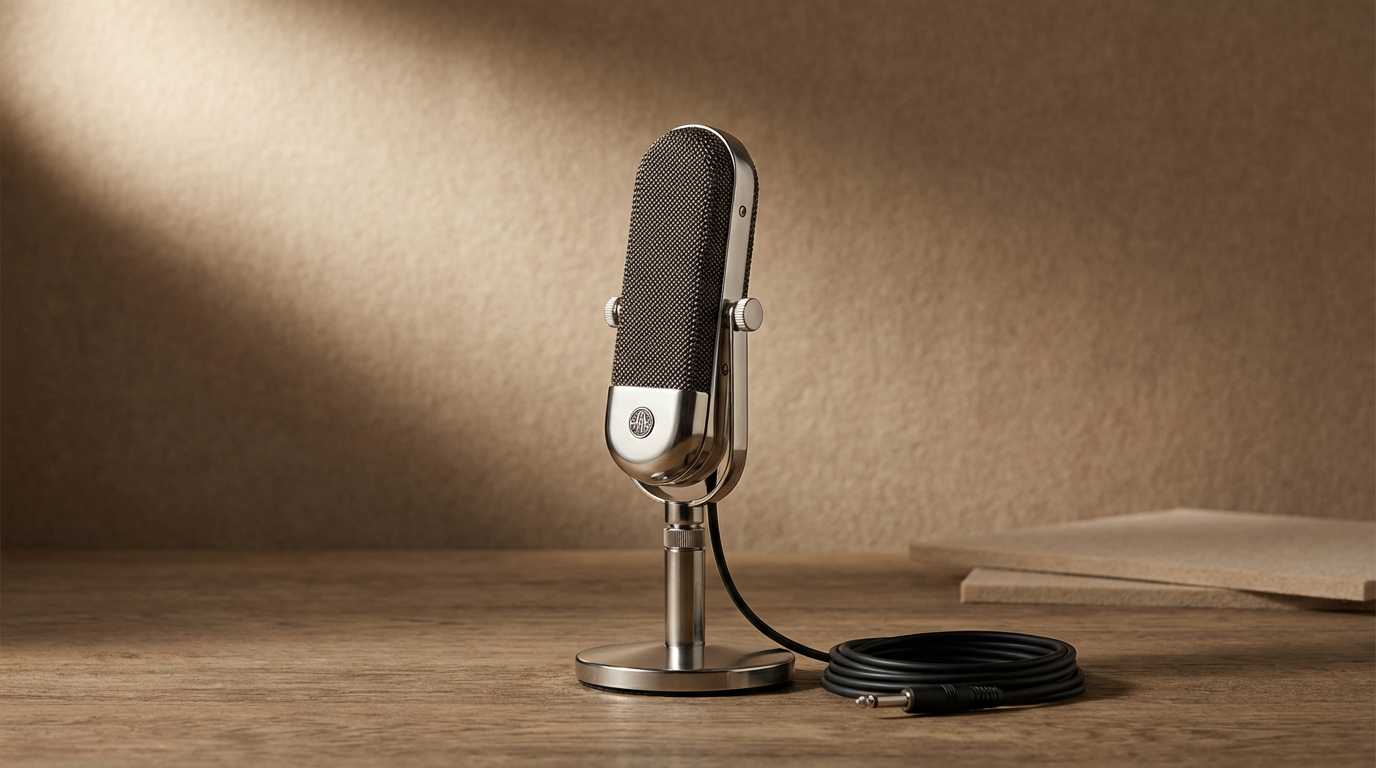 A vintage-style silver microphone on a wooden surface with a coiled cable, against a textured beige background.