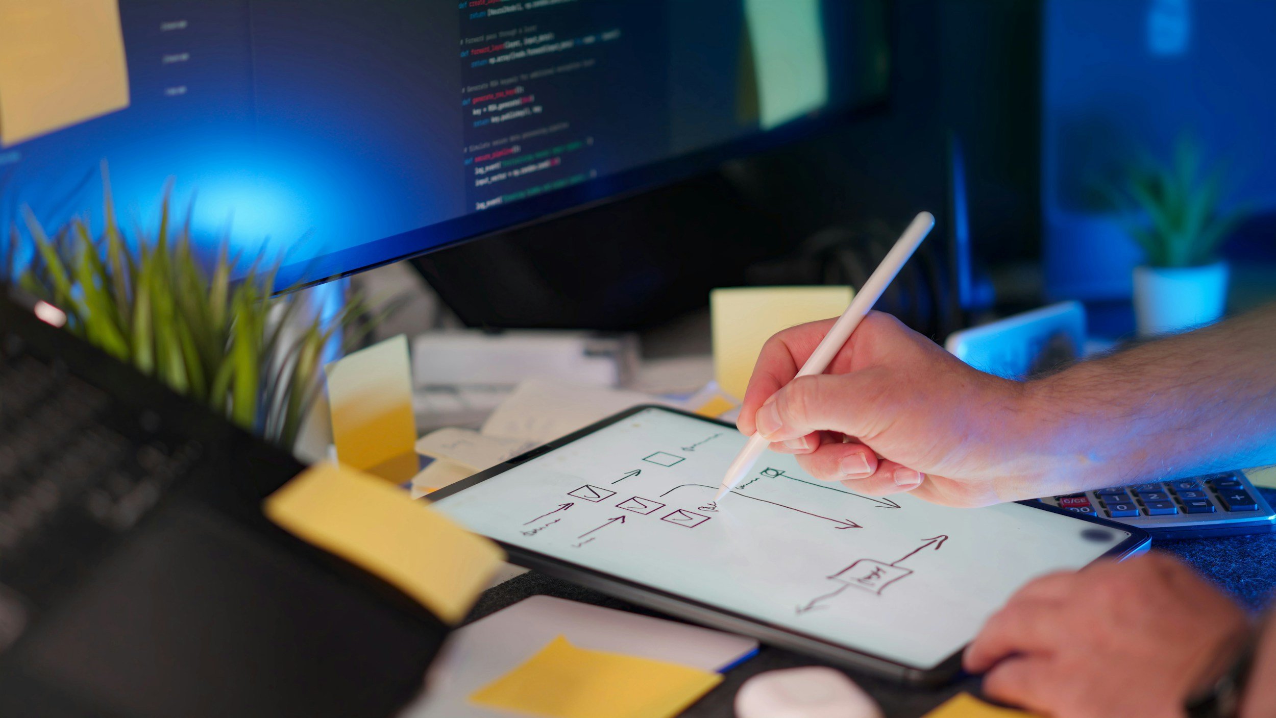 Person using a stylus to draw diagram on a tablet, with multiple sticky notes, a computer monitor with code, and a calculator on the desk.