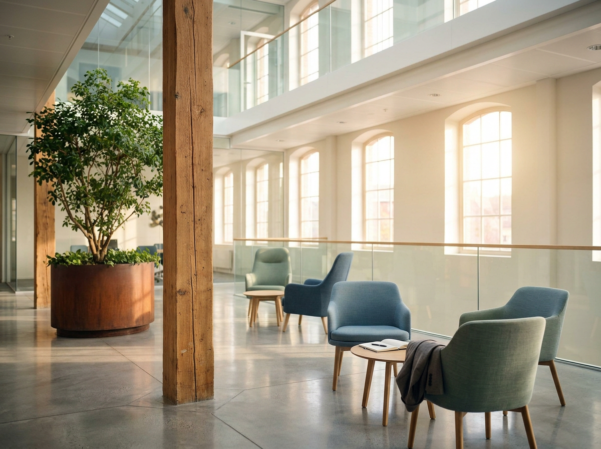 Bright, modern office lobby with large potted plant, wooden support beams, and seating area with upholstered chairs and small tables near large windows.