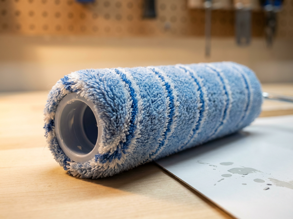 A blue and white paint roller resting on a wooden surface with a paper underneath, showing paint splatters.