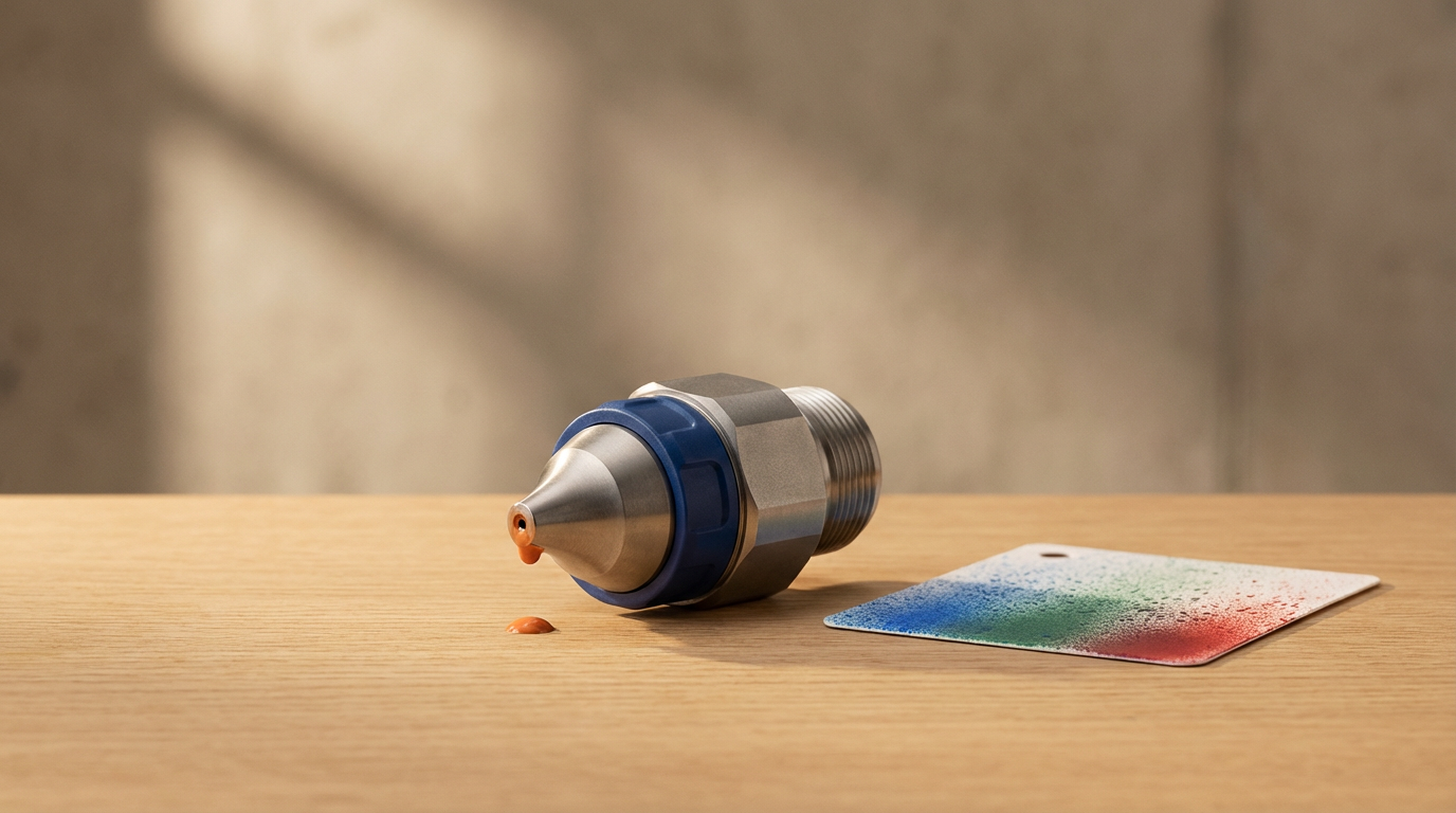 A sparkler igniter with a brownish-orange tip on a wooden surface next to a paint color sample card with red, green, and blue speckled splatters.
