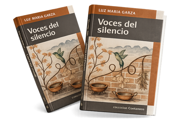 Two copies of the book titled "Voces del silencio" by Luz Maria Garza, featuring a cover illustration of trees, birds, and clay pots on a wall.