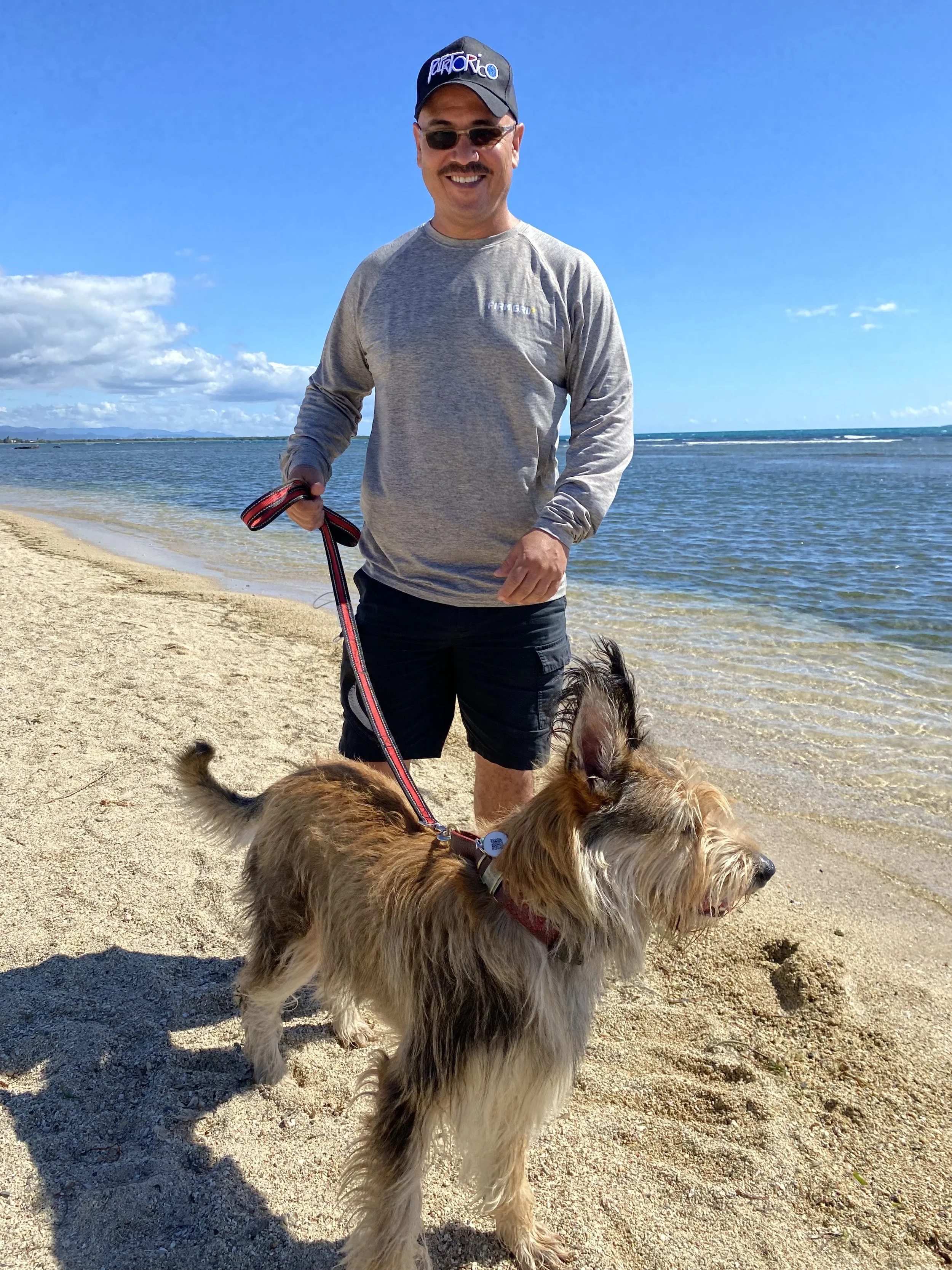 Smiling man in sunglasses holding a leash with a furry dog on a beach with ocean and blue sky background.