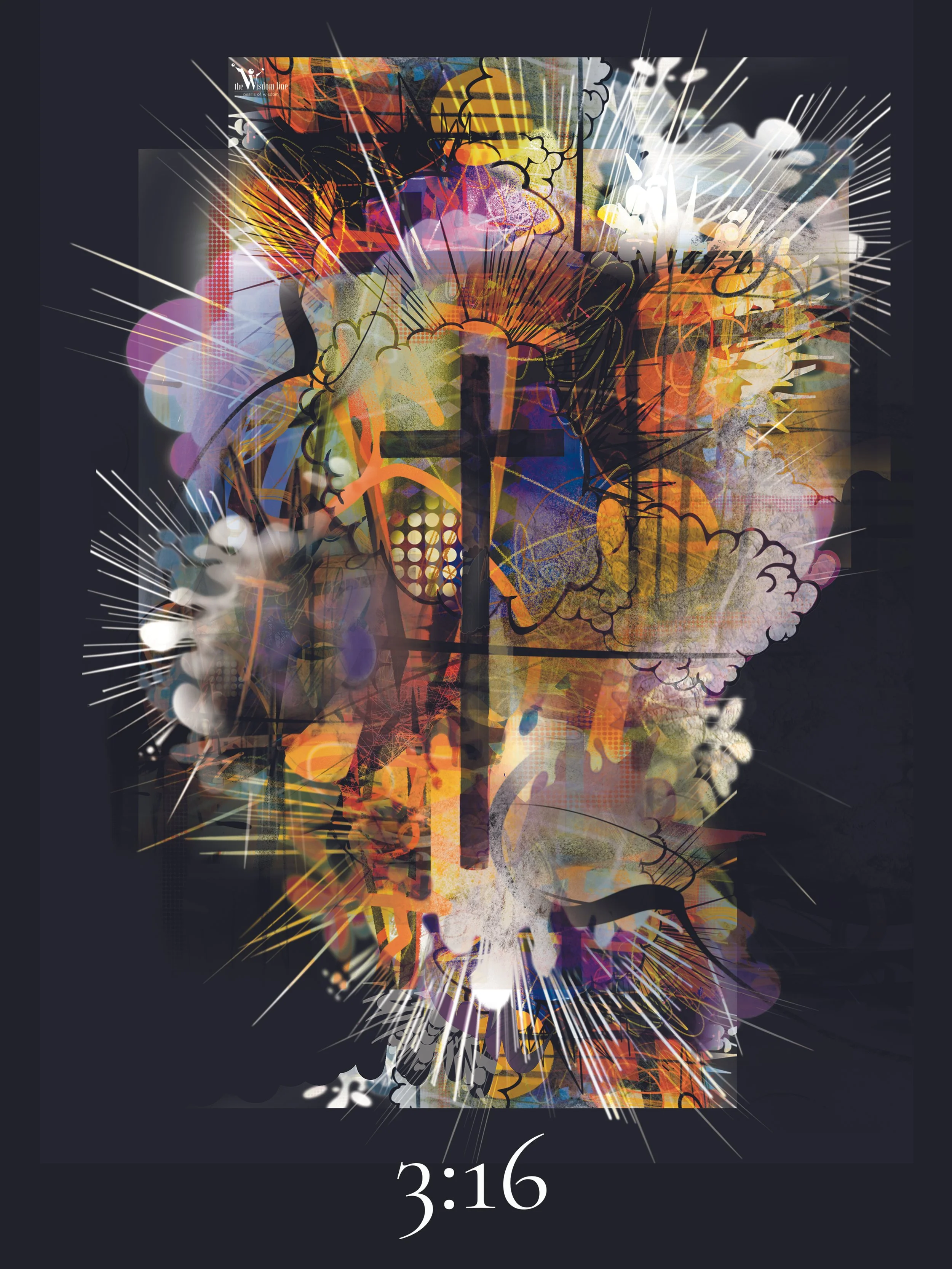 An abstract digital artwork featuring a cross at the center, overlaid with vibrant colors and bursts of light radiating outward. The background is dark, and there is a timer reading 3:16 at the bottom by Jackie Steyn