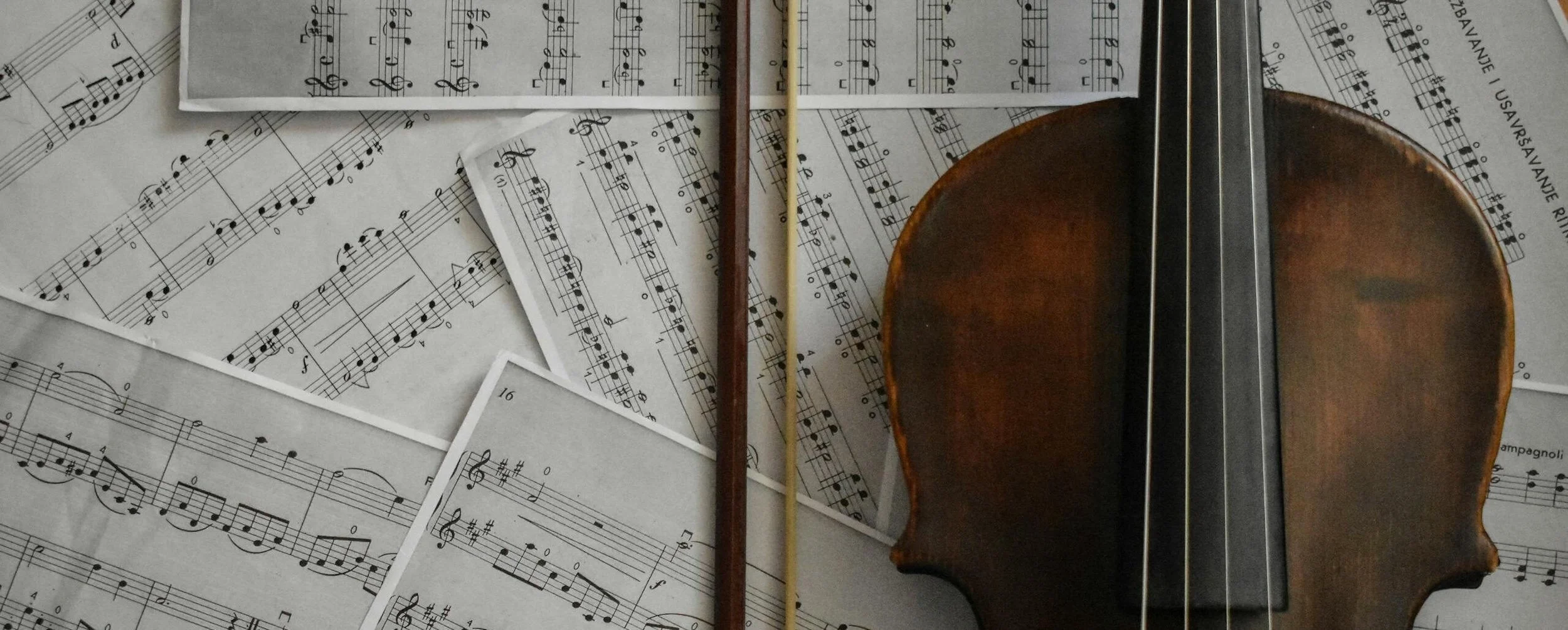 A violin resting on sheet music
