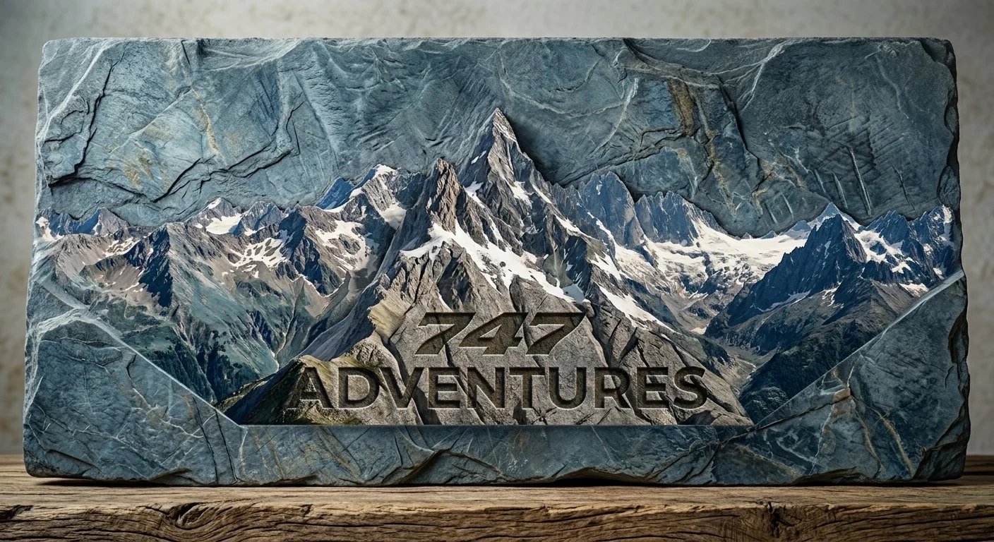 A carved stone sign depicting snow-capped mountains with the text '747 Adventures' in the foreground.