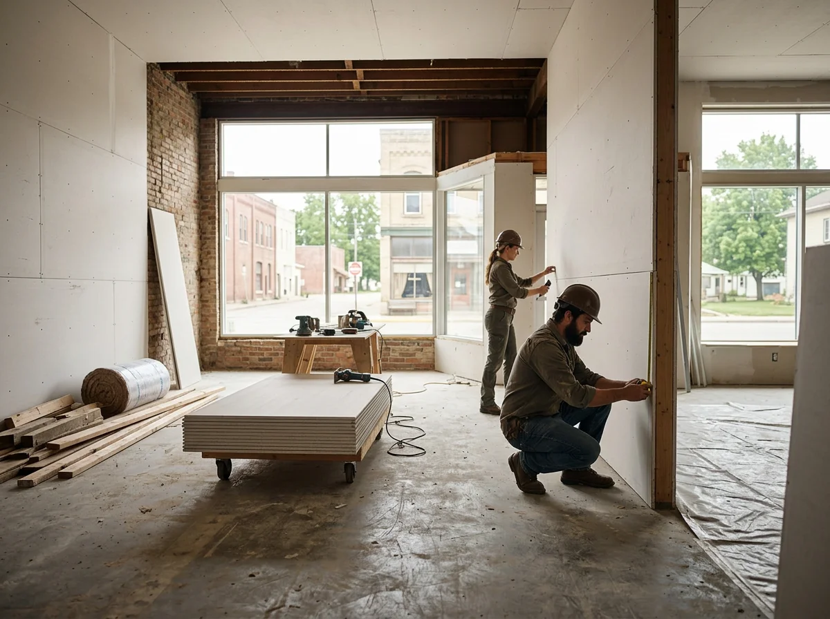 Two construction workers installing a wall in a building under construction. One is squatting and measuring, the other is standing and measuring the height. They are wearing safety helmets.