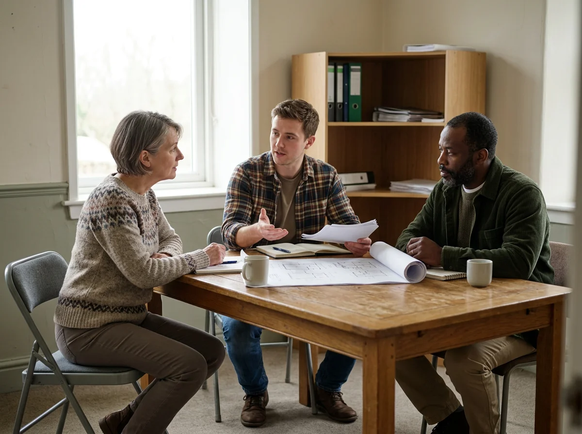 Three people, two men and one woman, sitting at a wooden table in a room with a large window behind them, engaged in a discussion. The table has papers, a rolled-up document, notepads, and coffee mugs.