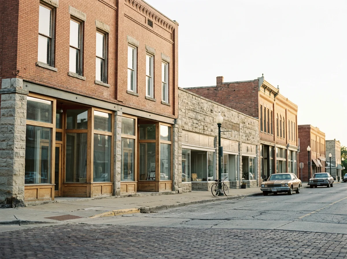 Street view of historic brick buildings with large storefront windows, a bicycle parked on the sidewalk, and vintage cars parked along the curb, in an small town or city setting.