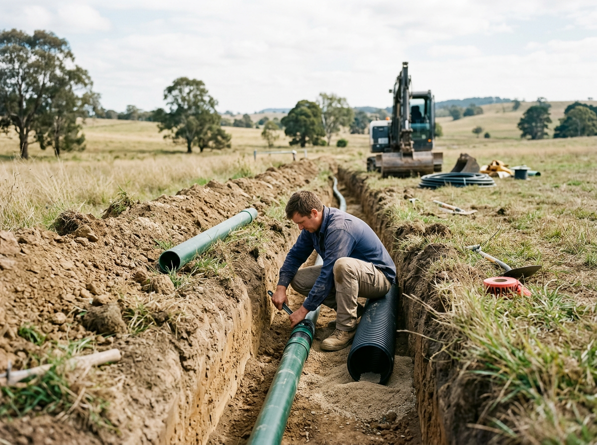 A man working on installing a pipeline in a trench in a rural field with trees in the background, construction equipment nearby.