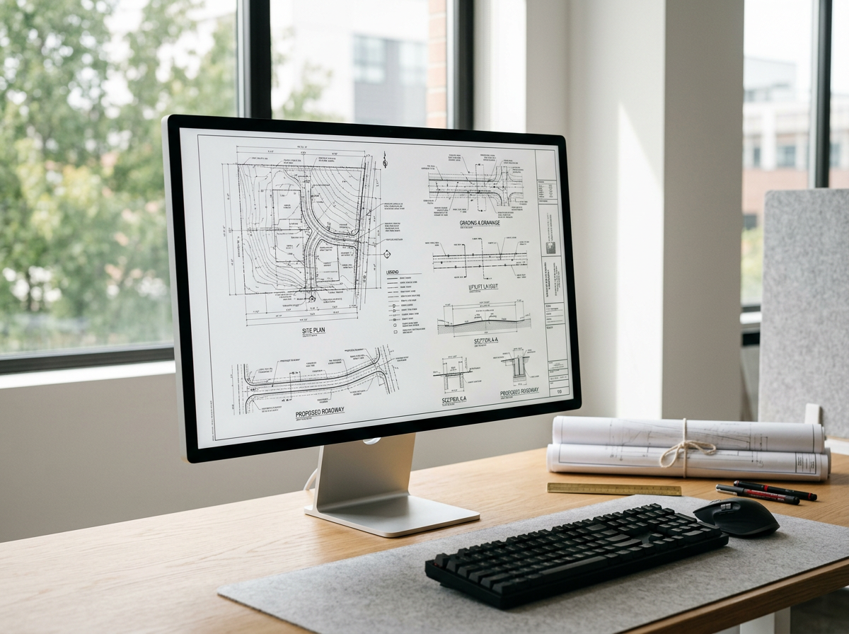 An iMac computer on a wooden desk displaying a detailed site plan blueprint with landscaping, roads, and construction details.
