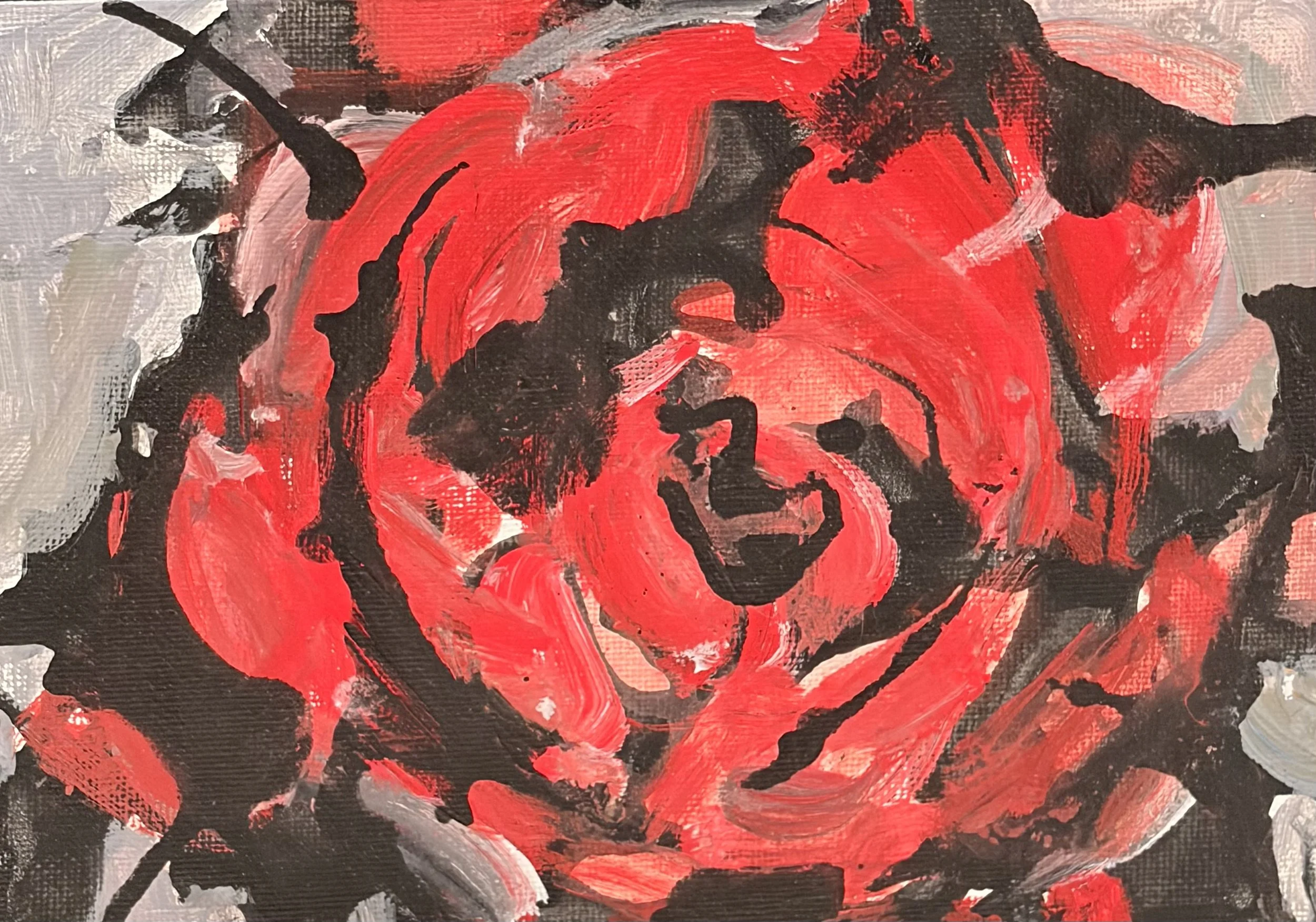Abstract painting with bold red, black, white, and gray brushstrokes. The composition features swirling and chaotic lines with a prominent red splash in the center.