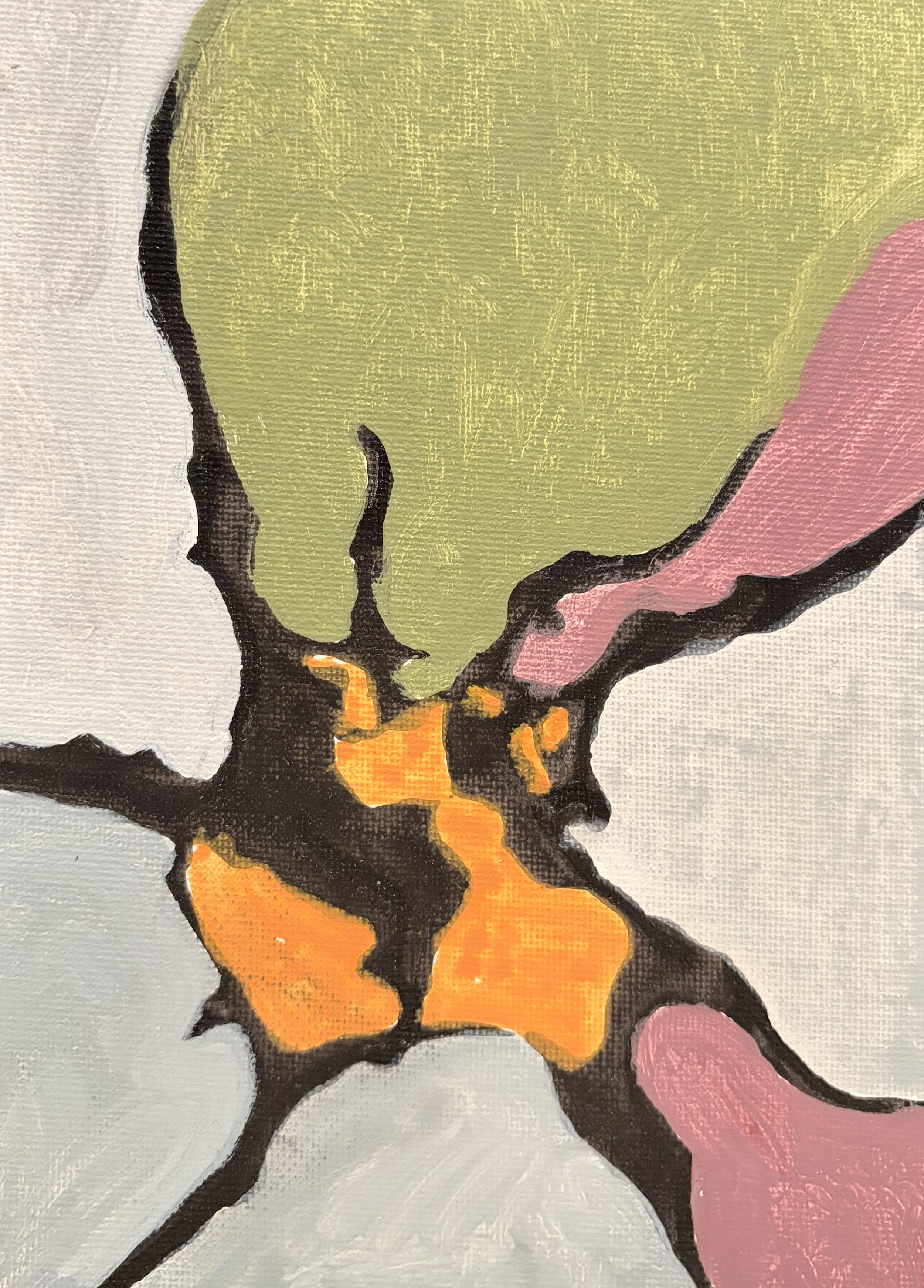 Close-up of a colorful abstract painting with yellow, pink, orange, black, and white sections and thick brushstrokes on textured canvas.