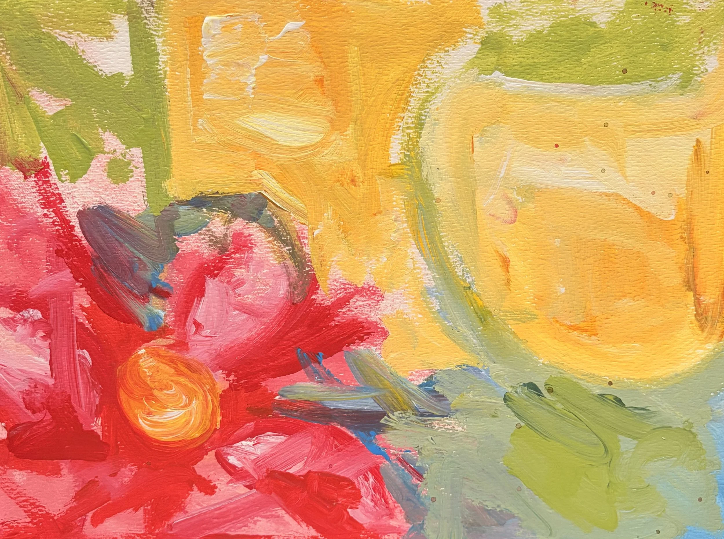 Abstract colorful painting with bold brushstrokes in red, pink, yellow, green, and orange.