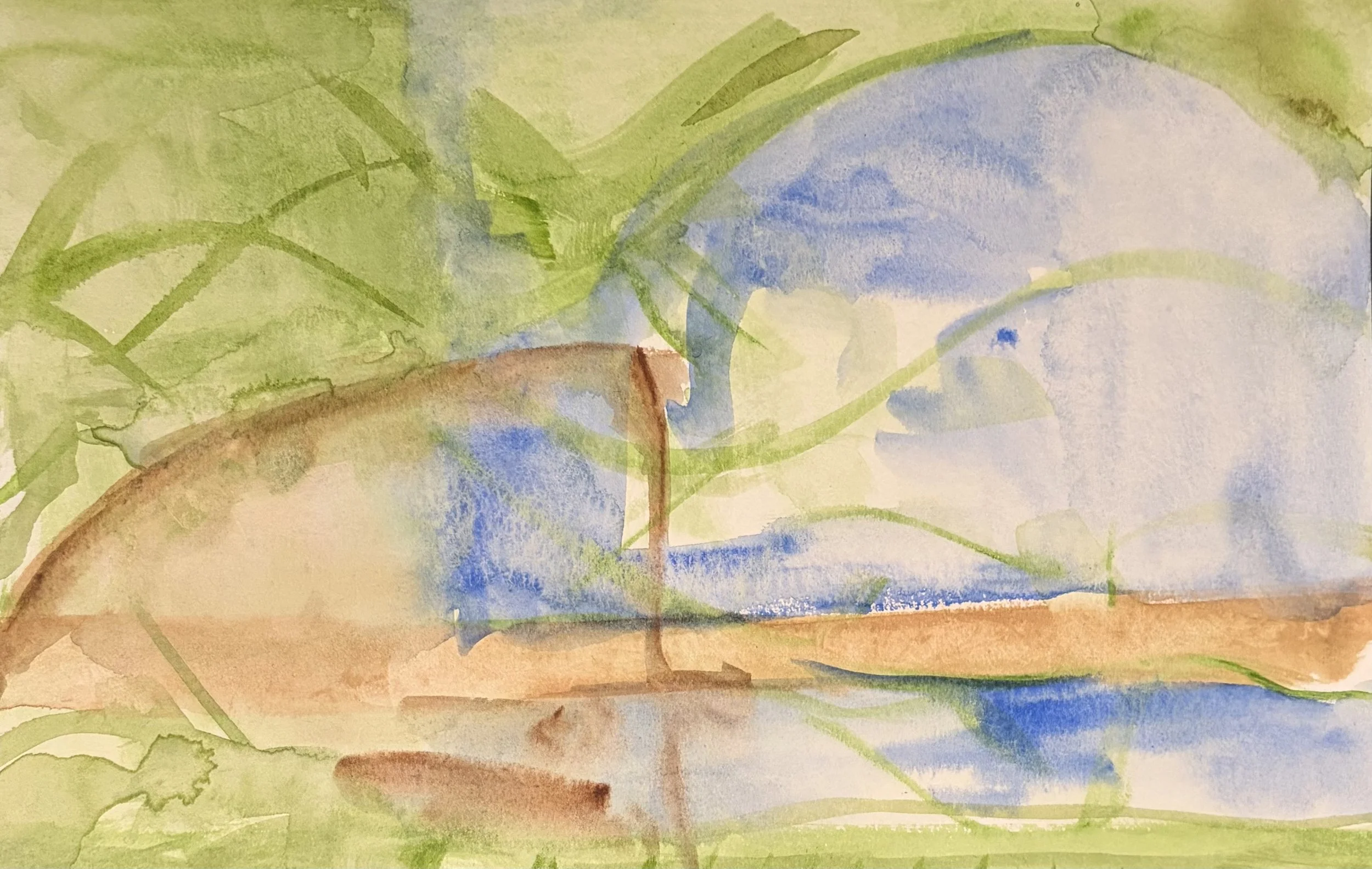 Watercolor painting of a landscape with green trees, a brown path, and blue sky.