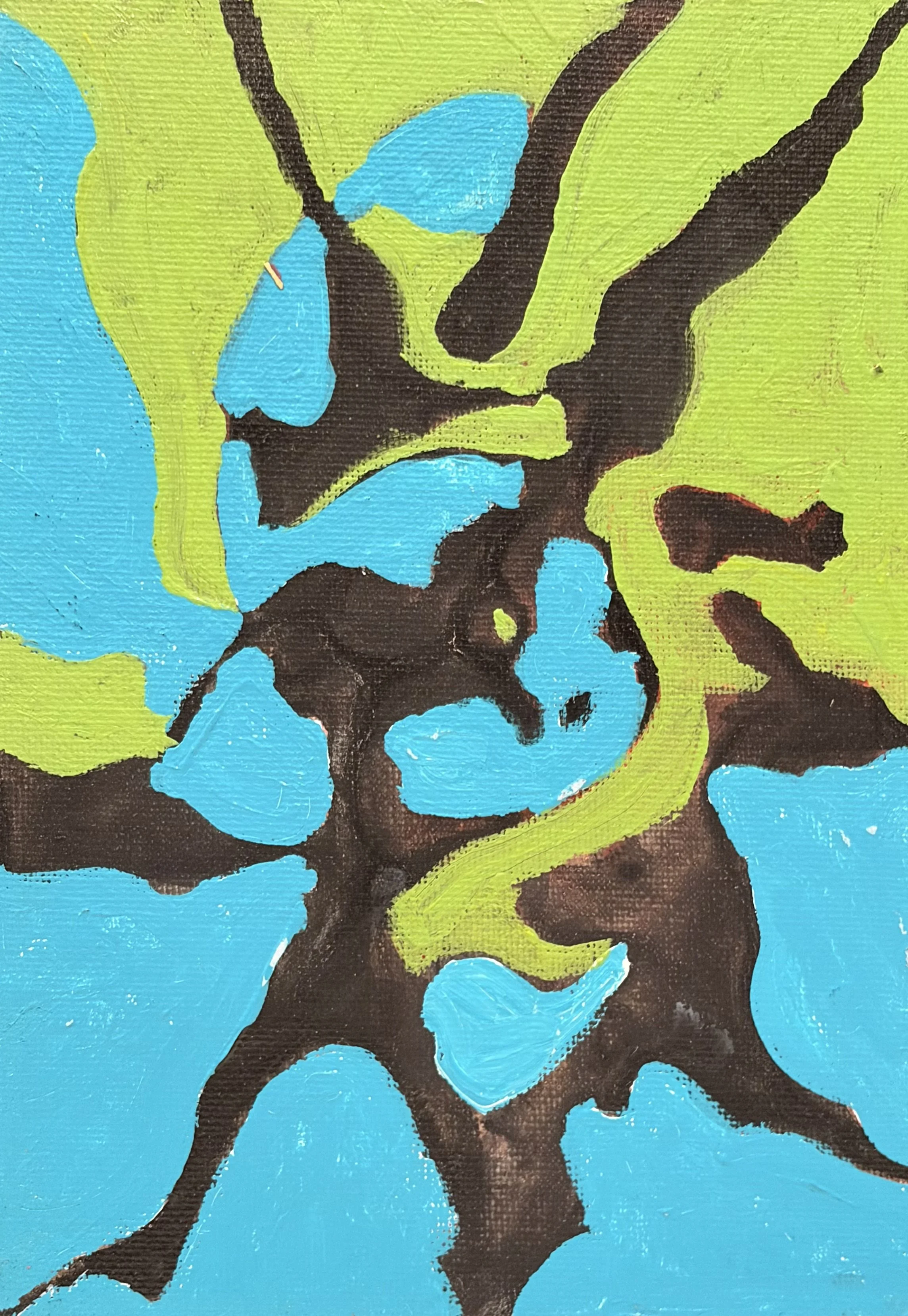 Close-up of an abstract painting with a bright teal background, black lines forming an intricate pattern, and yellow-green patches scattered throughout.