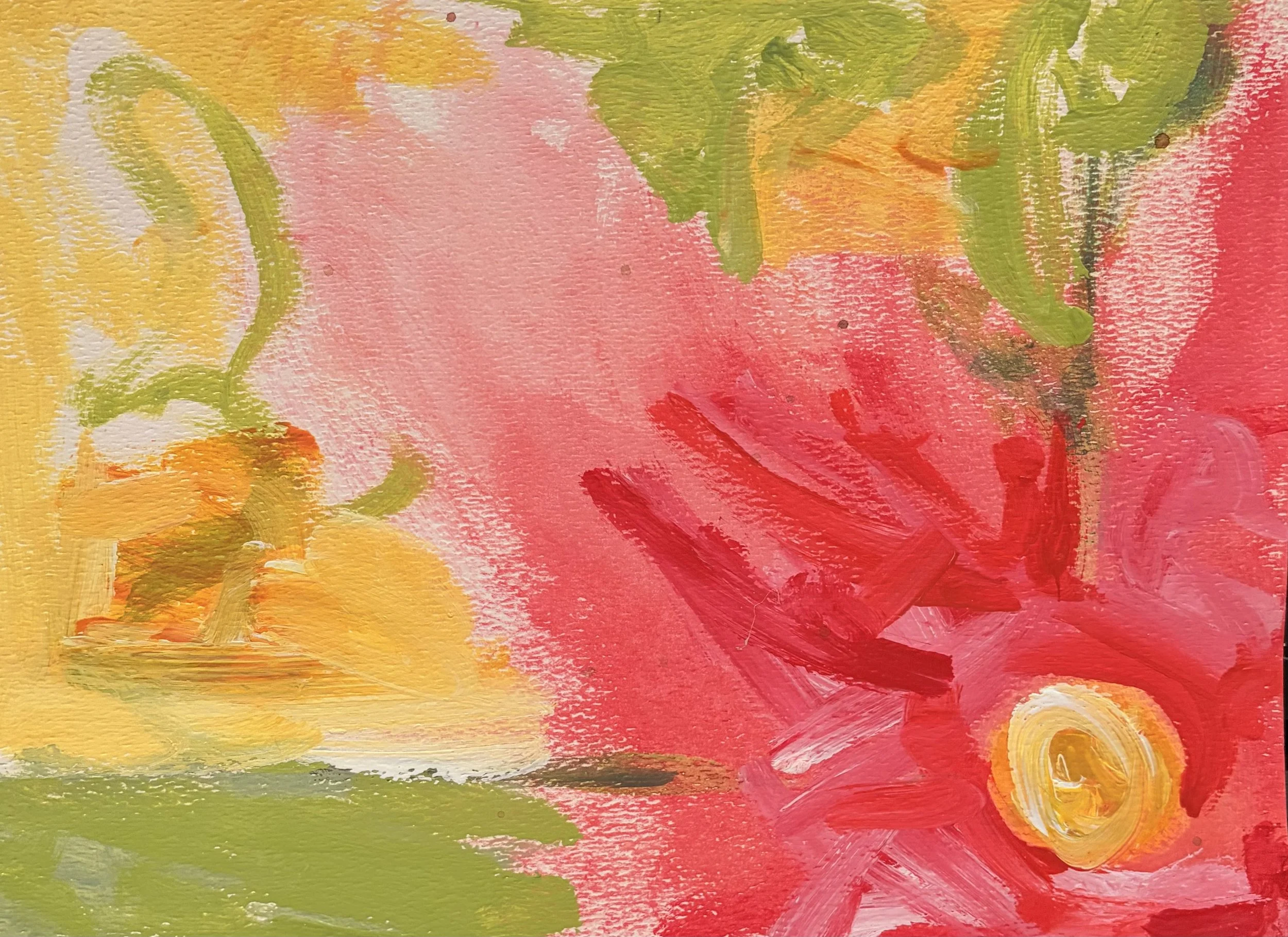 Abstract watercolor painting with splashes of yellow, pink, orange, green, and red colors.