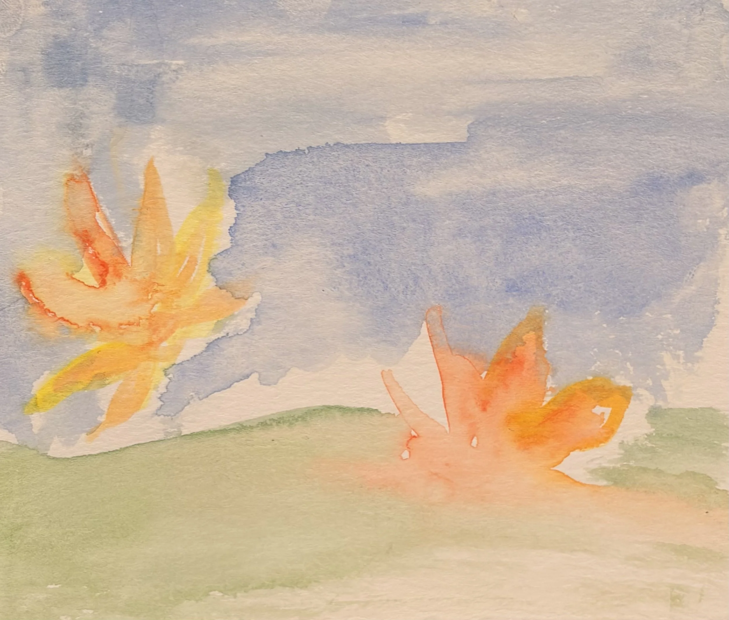 Watercolor painting with orange and yellow flower in the lower left corner, muted blue and purple background with soft pastel tones.