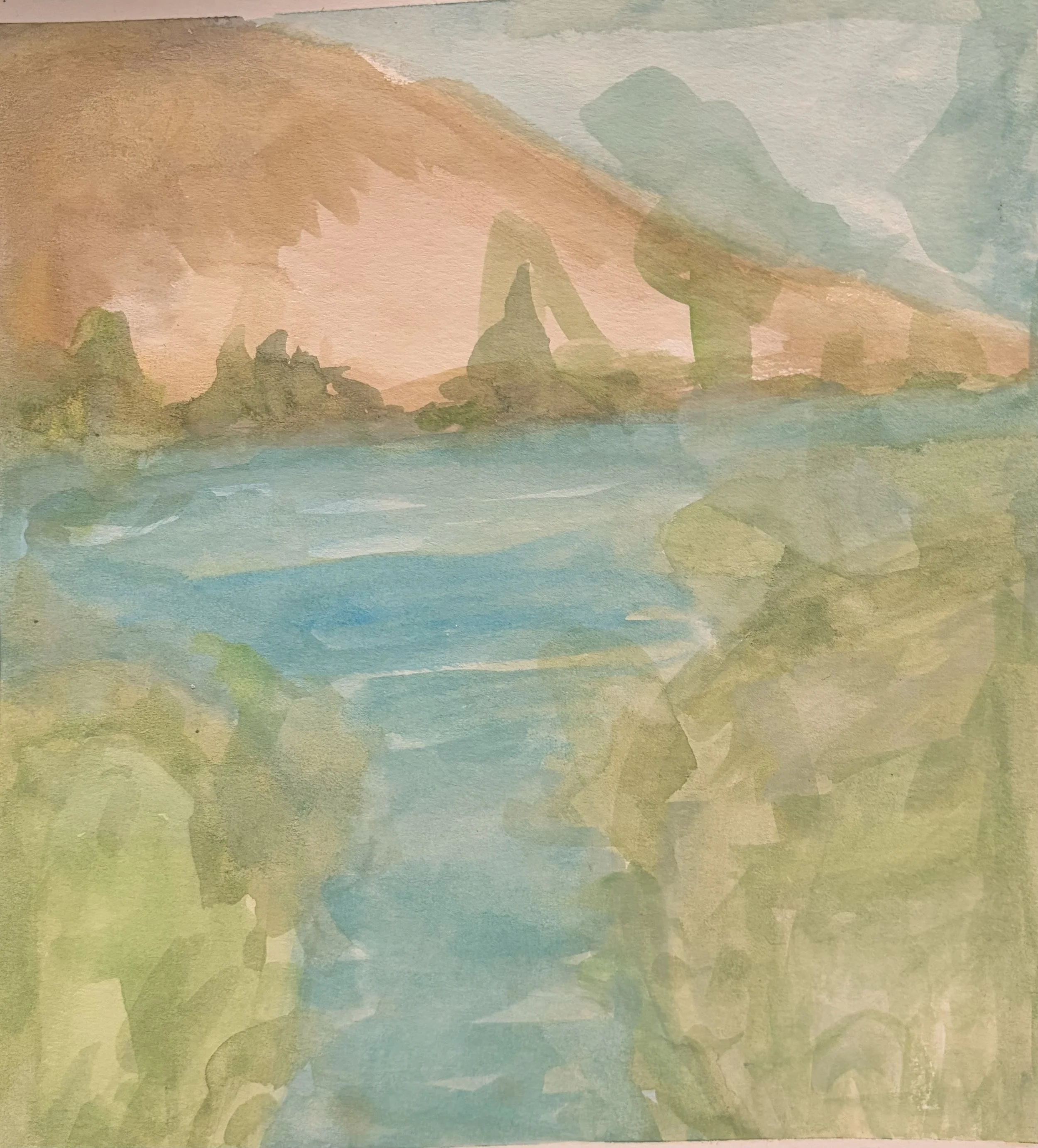 Abstract watercolor painting with soft pastel colors, including shades of blue, green, pink, and beige, creating a serene landscape scene.