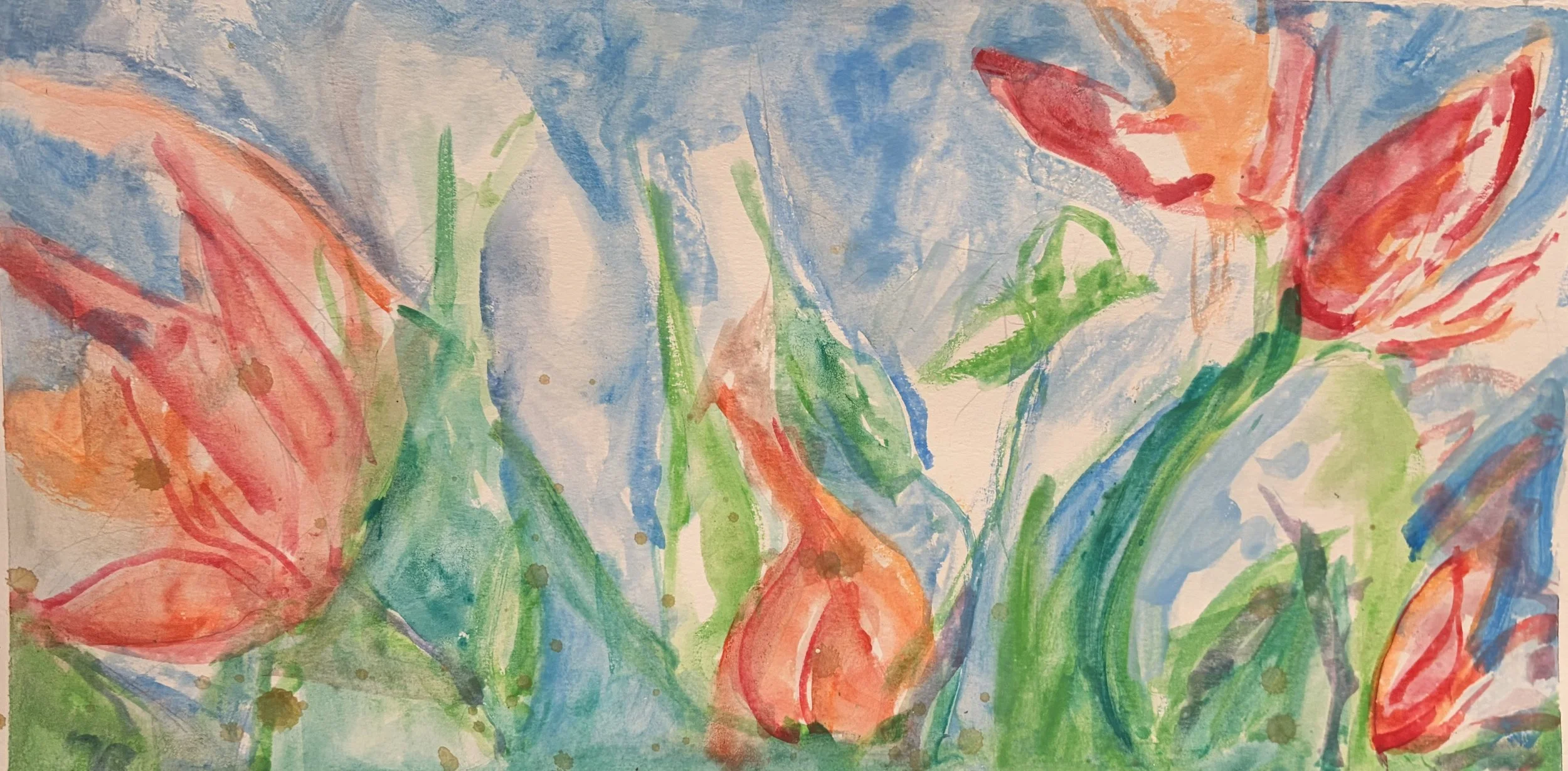 Watercolor painting of orange tulips with green stems and leaves against a blue sky background.