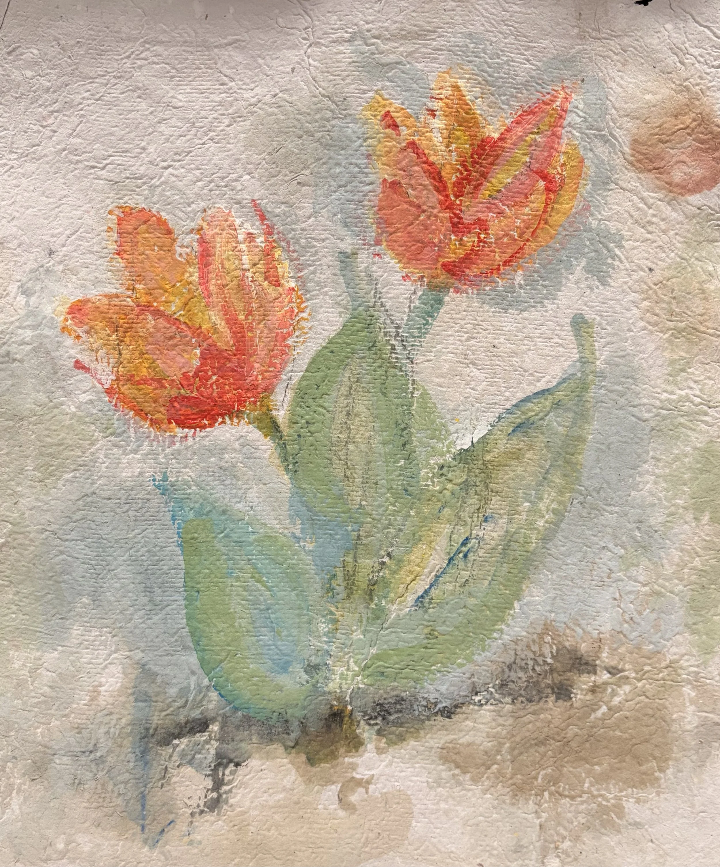 Watercolor painting of orange and red lilies on a textured paper background with green stems and leaves. handmade paper!