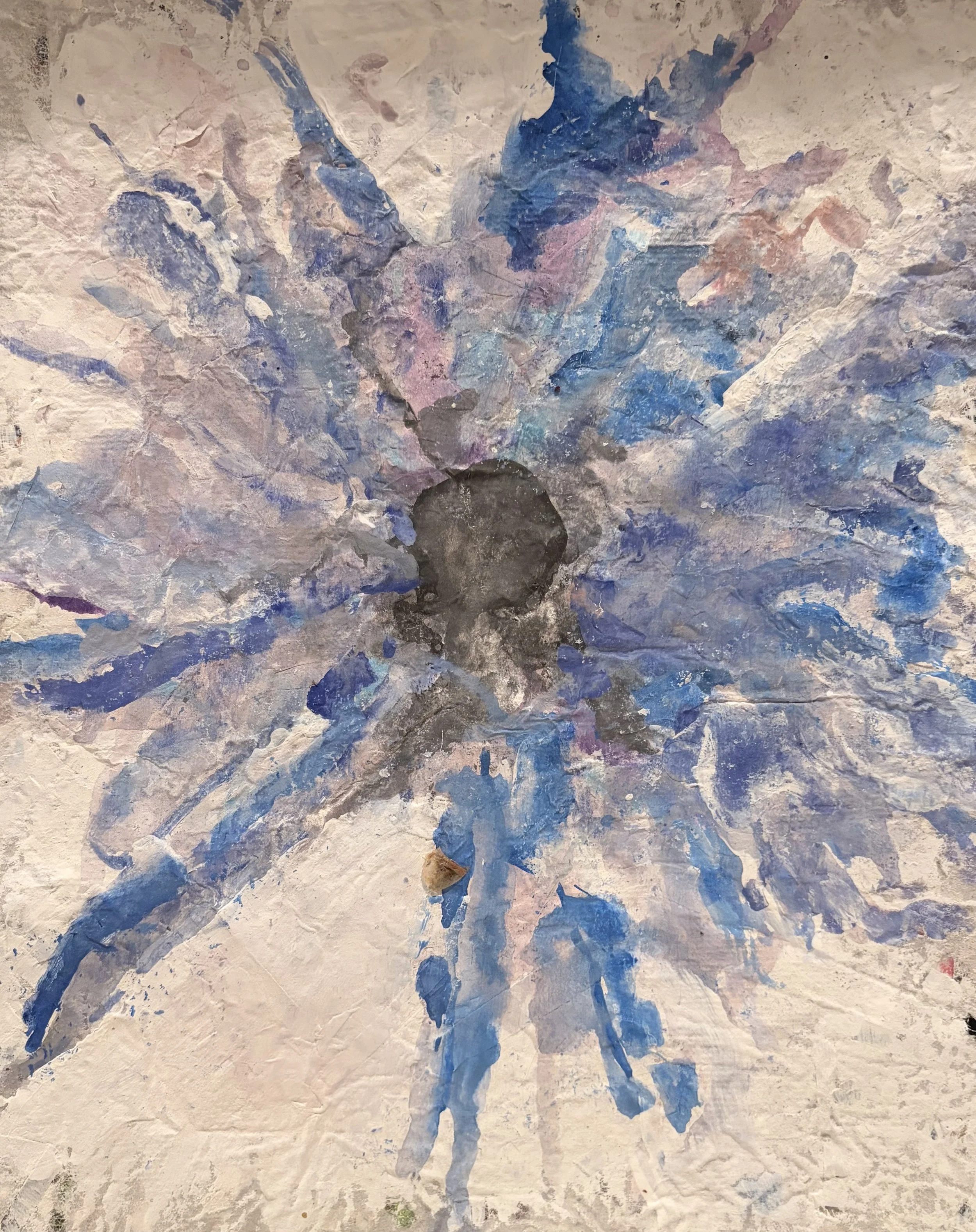 Abstract painting with textured surface, mainly in shades of blue, purple, pink, gray, and white. The composition appears to be a mix of brushstrokes and color blending, creating a dynamic and expressive visual.