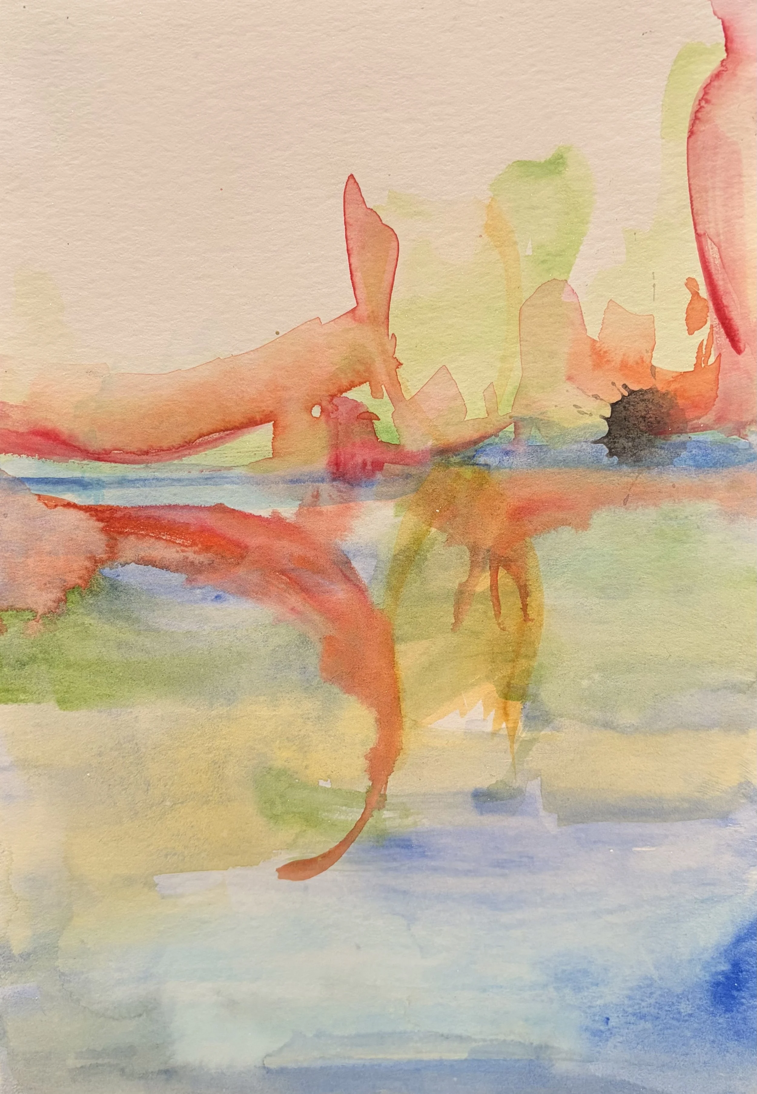 A watercolor painting of a dog resting on a beach, with a sunset and clouds in the sky.