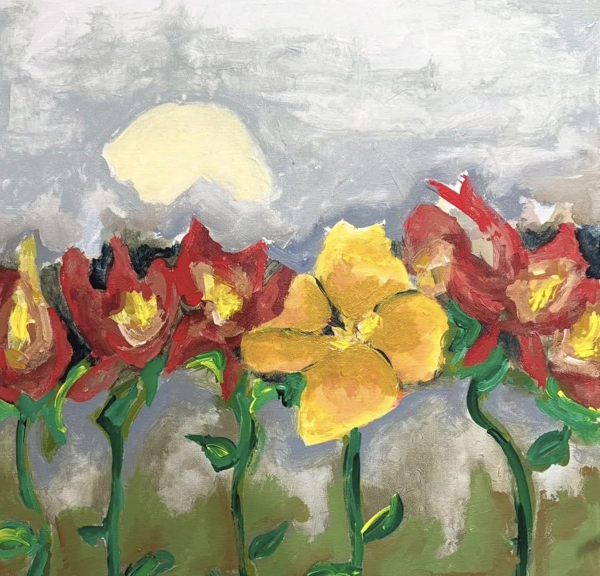 An abstract painting of a sunset sky above colorful flowers with green stems and leaves.