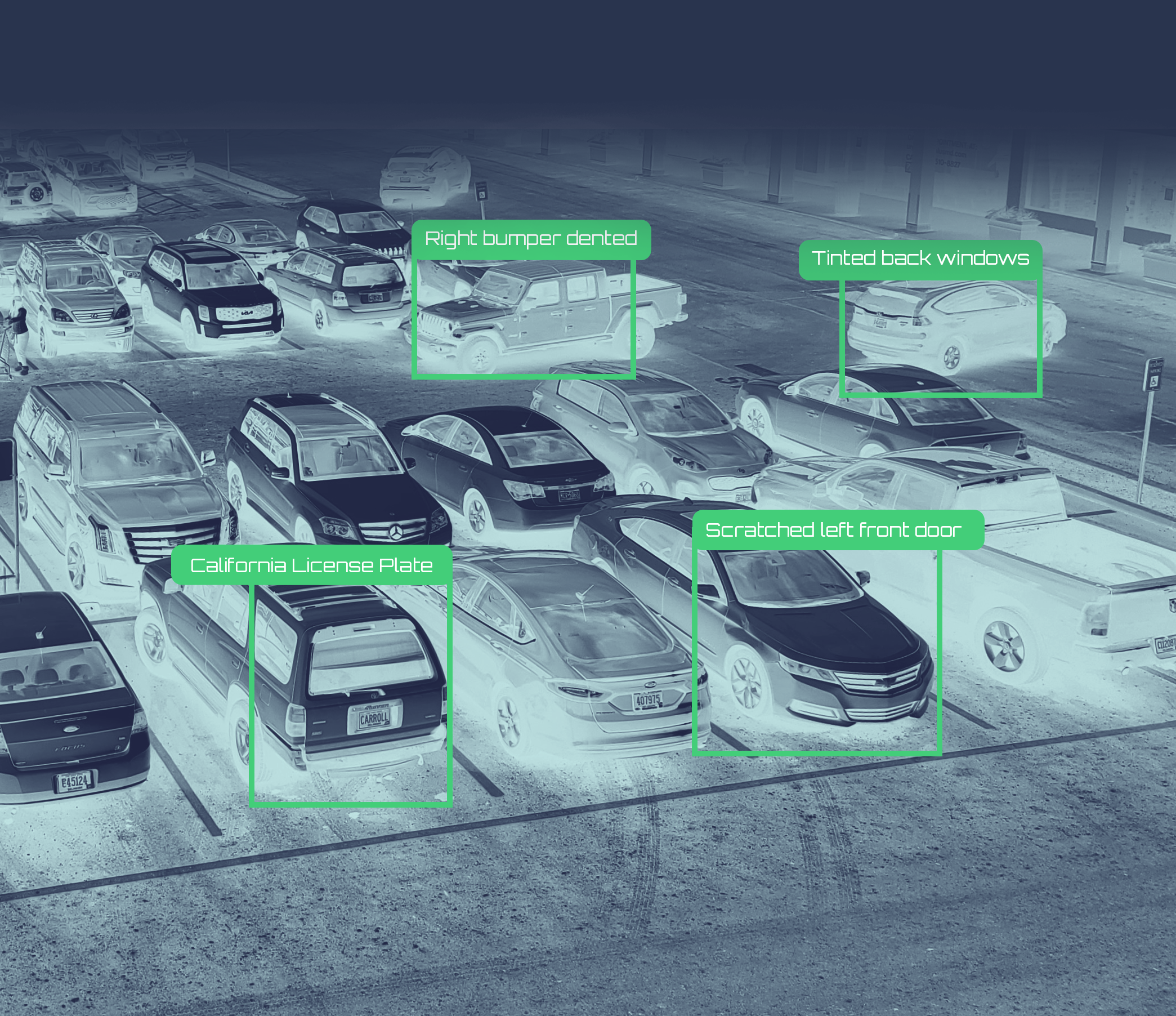 Parking lot with various parked cars, some labeled with markings indicating vehicle issues such as dented bumper, tinted back windows, scrapped front door, and license plates from California.