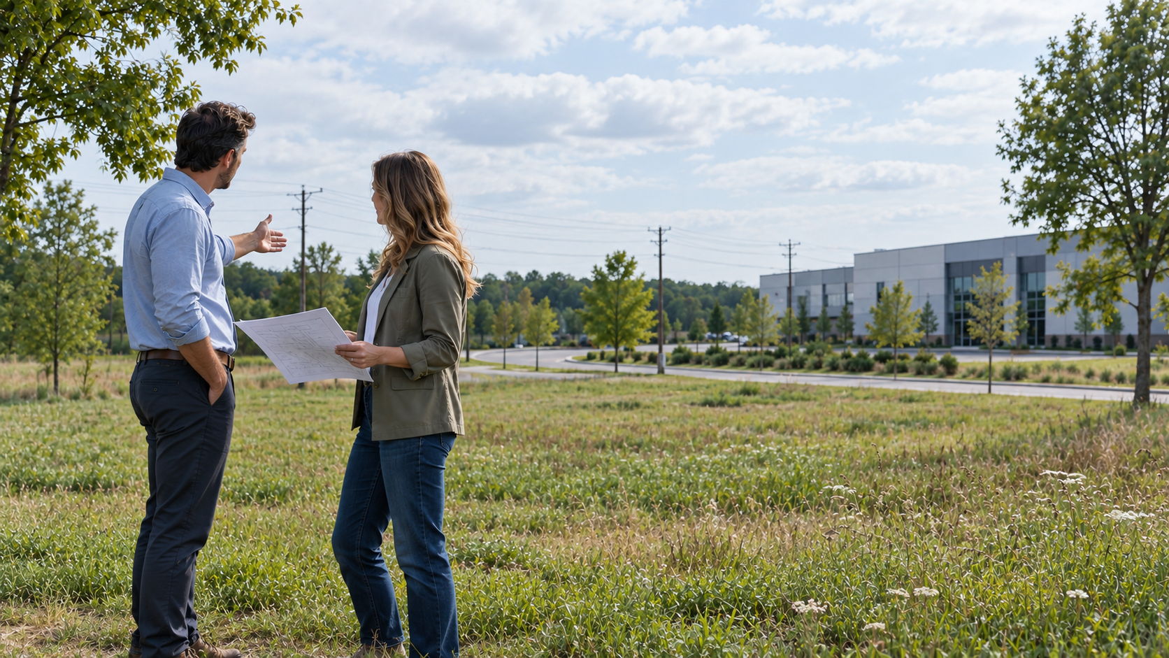 Conceptual illustration of a property owner and development professional reviewing a site beside local businesses.