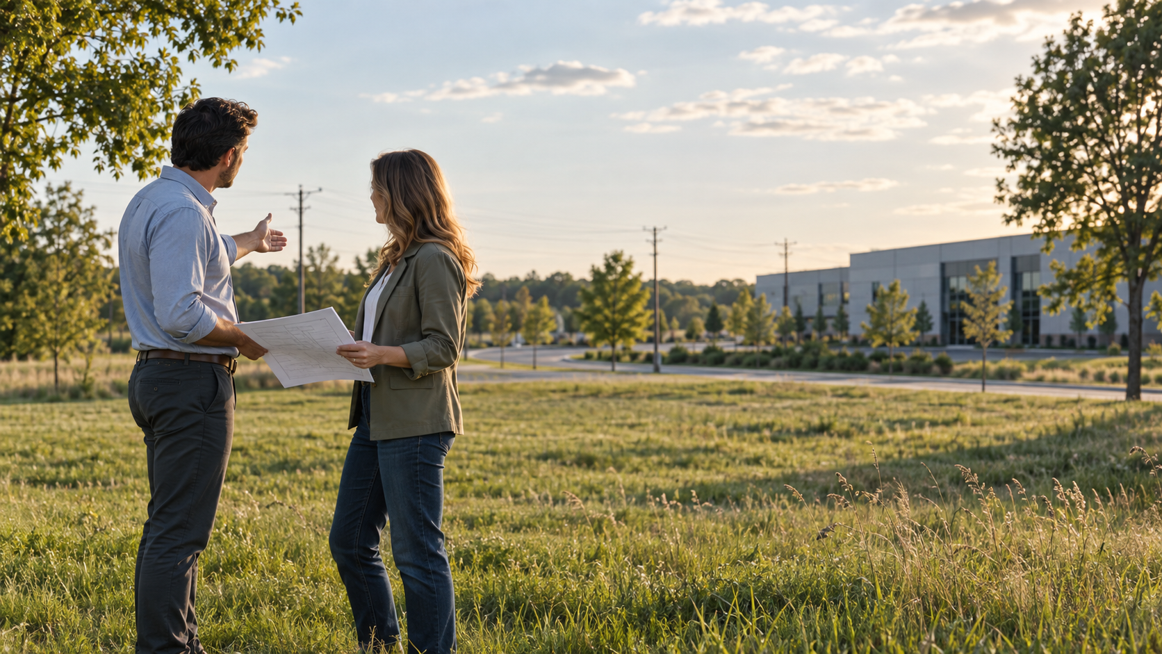 Conceptual illustration of a property owner and development professional reviewing a site beside local businesses.
