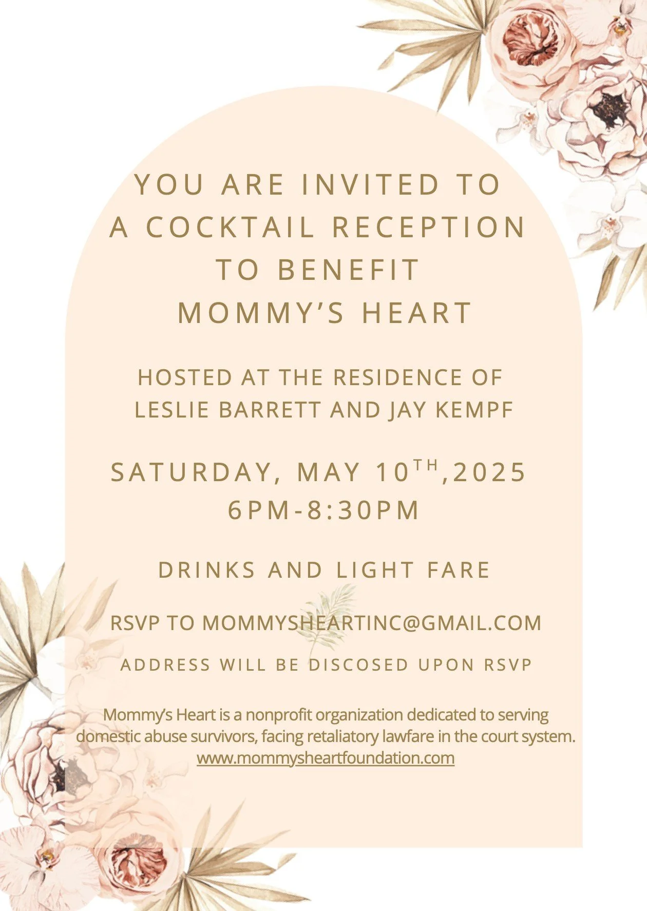 Invitation to a Spring Cocktail Reception benefiting Mommy's Heart, hosted by Leslie Barrett and Jay Kempf, May 10, 2025
