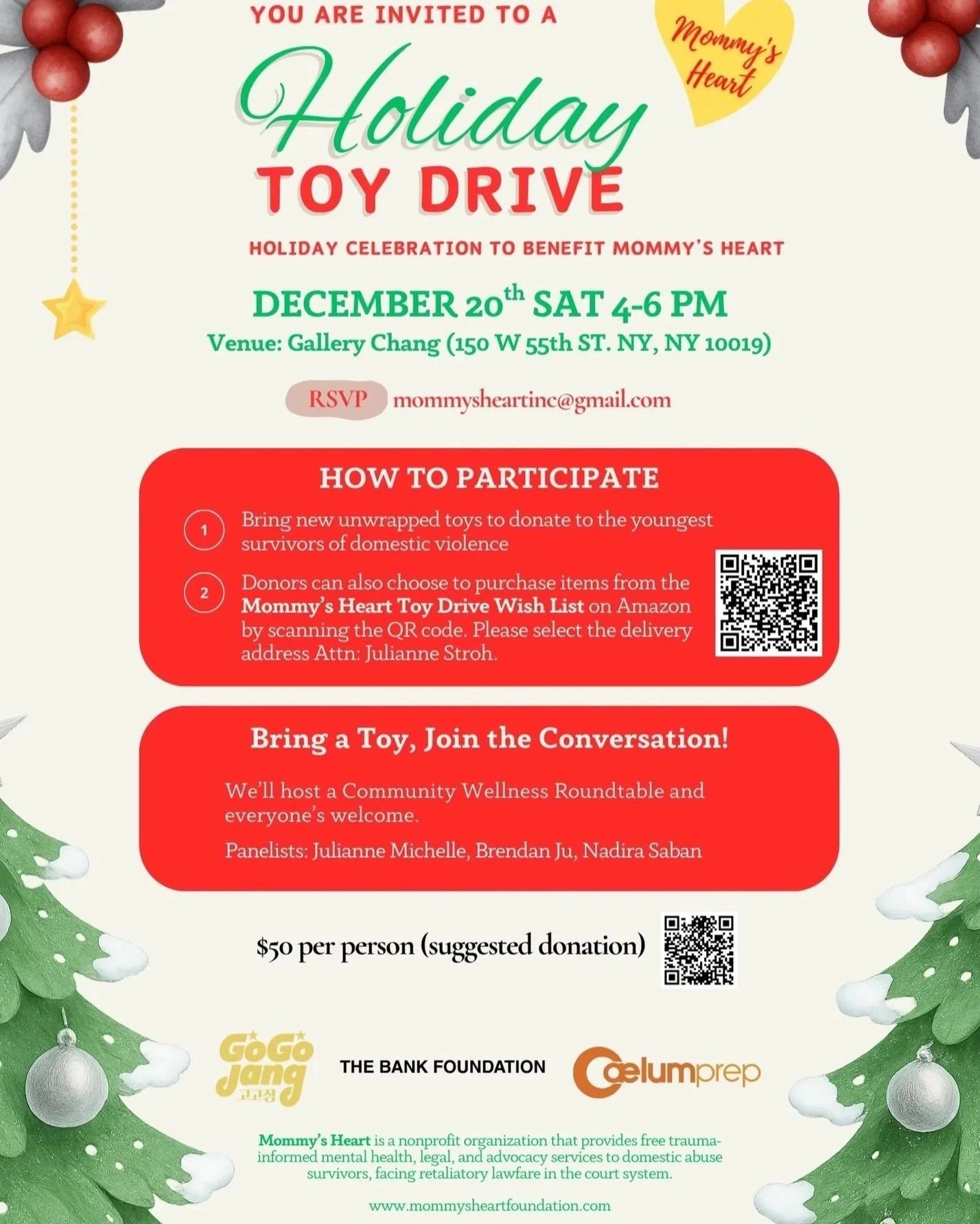 Invitation to the Mommy's Heart Holiday Toy Drive, December 20, 2025, at Gallery Chang, NYC