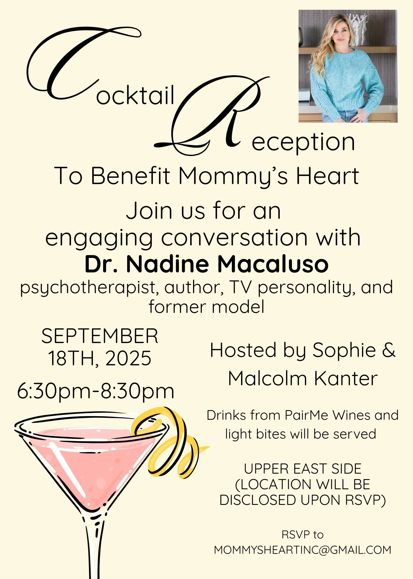 Invitation to a Cocktail Reception benefiting Mommy's Heart with Dr. Nadine Macaluso, September 18, 2025