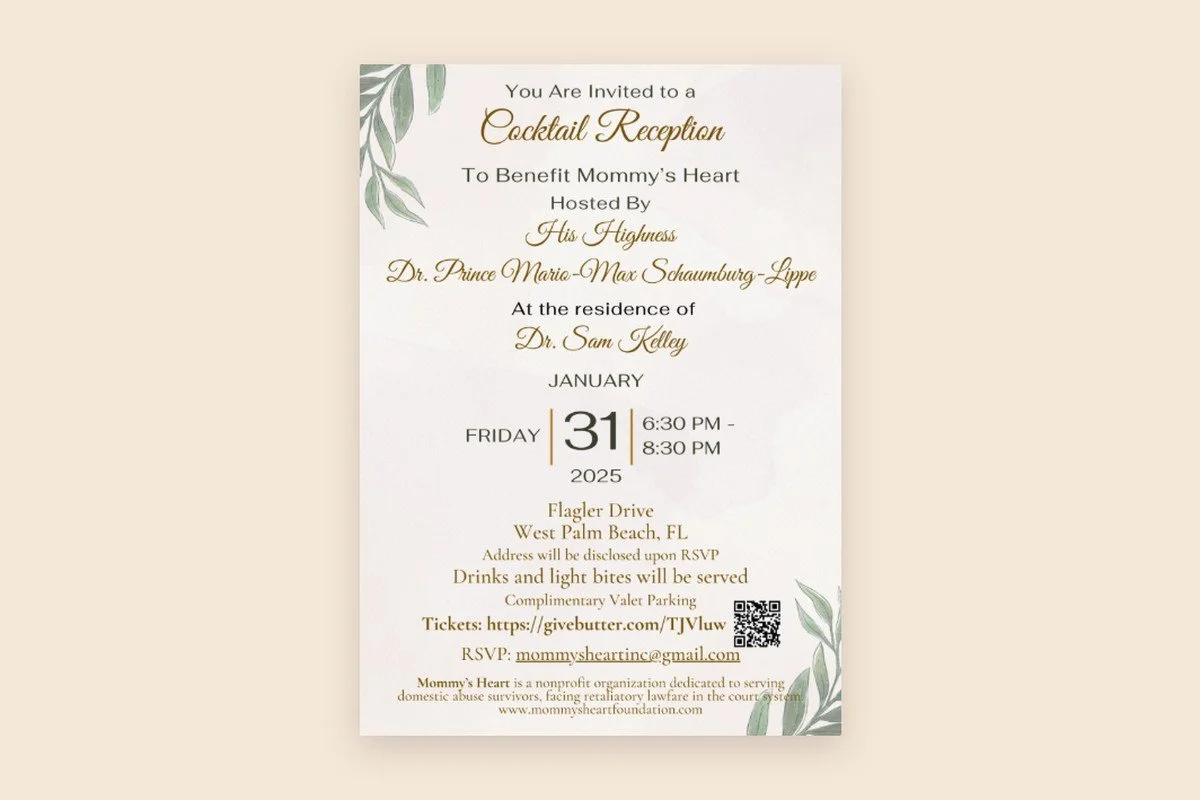 Invitation to the Mommy's Heart Palm Beach cocktail reception on January 31, 2025