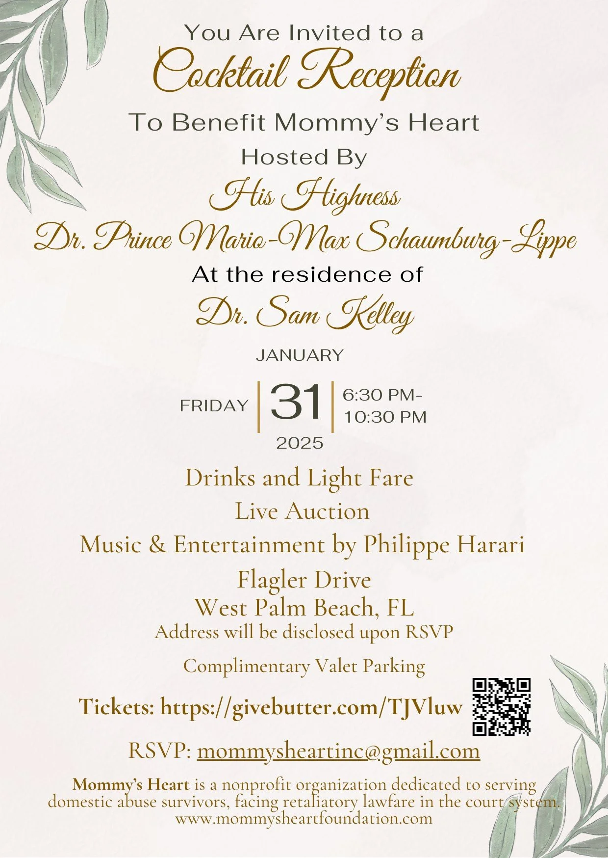 Invitation to the Mommy's Heart Cocktail Reception, January 31, 2025, in West Palm Beach, FL