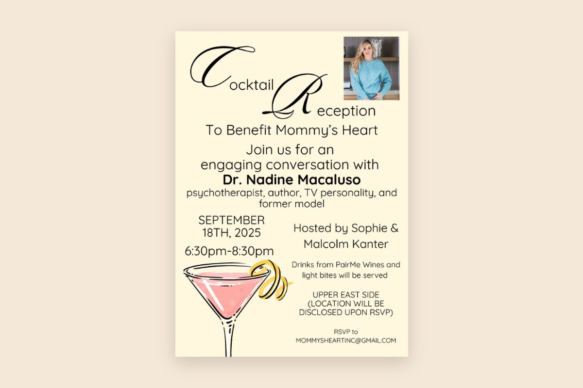 Invitation to a Mommy's Heart cocktail reception with Dr. Nadine Macaluso