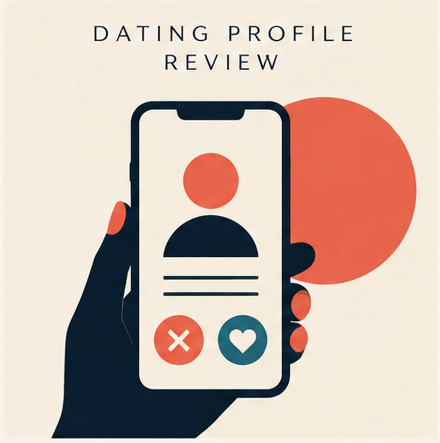 Illustration of a hand holding a smartphone with a dating app interface, showing a red 'X' and a blue heart icon, with the heading 'Dating Profile Review' at the top.