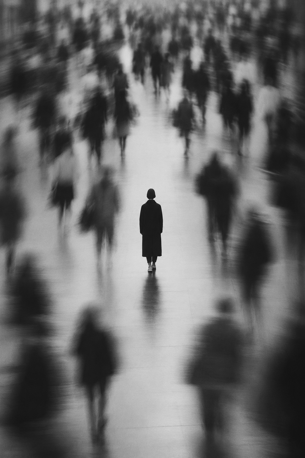 A black and white photo of a solitary person walking among a crowd of blurred pedestrians in motion.