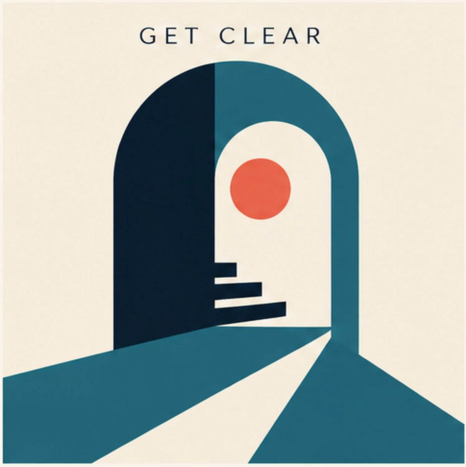 An abstract illustration of a human head with geometric shapes and dark blue, teal, and red colors, featuring a staircase inside the head and a red circle in the middle, with the words 'GET CLEAR' at the top.