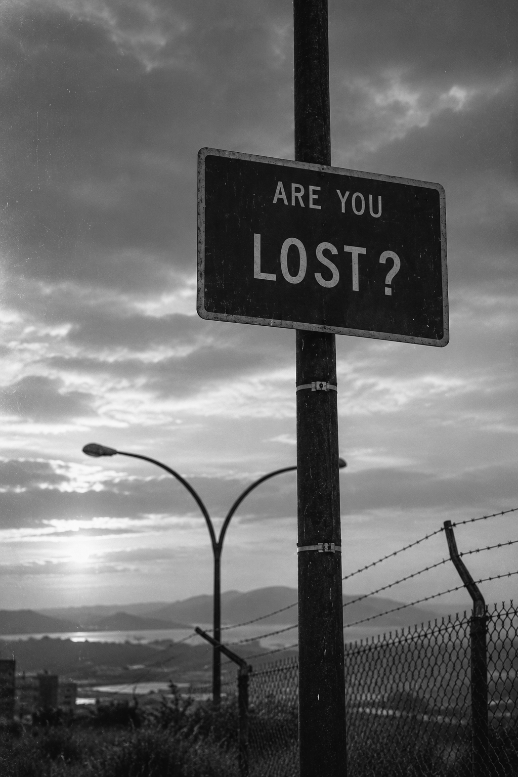 Black and white photo of a roadside sign that reads 'Are you lost?' with cloudy sky and distant mountains in the background.