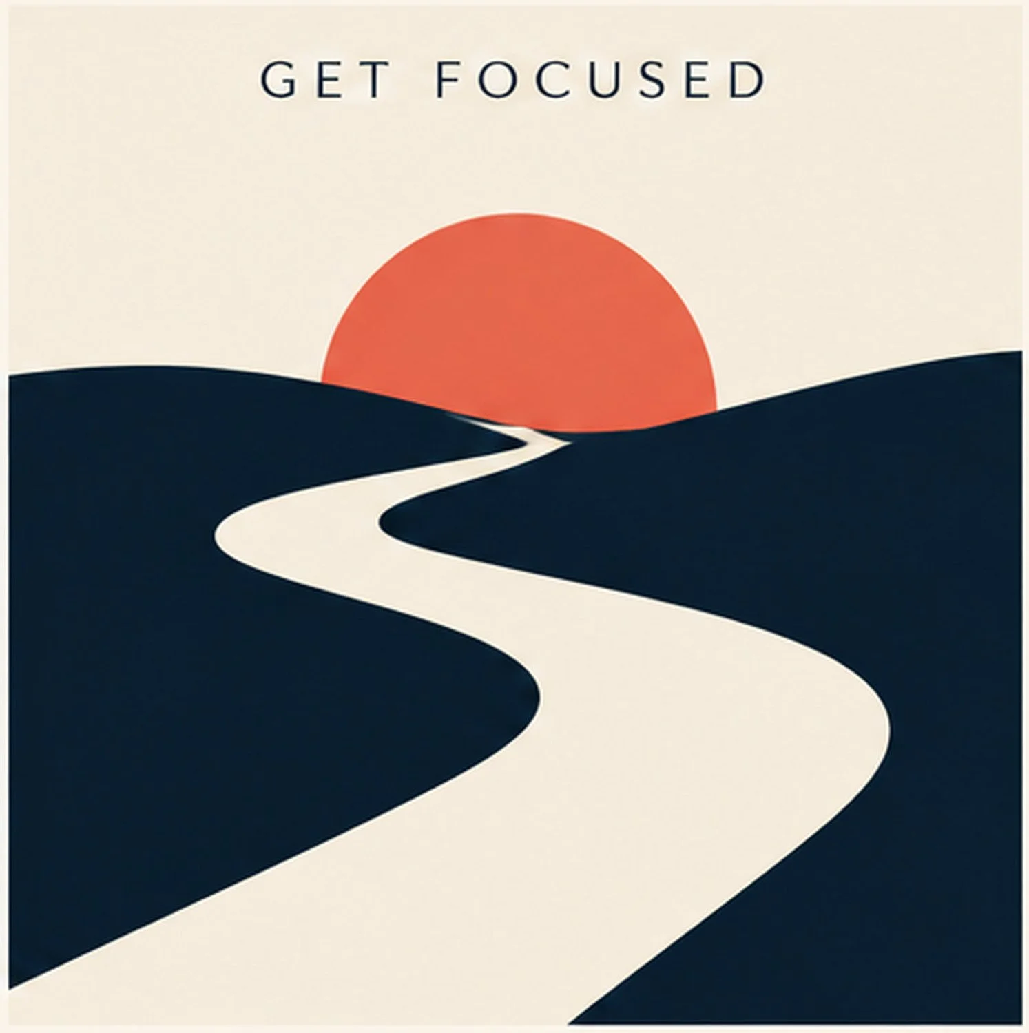 Minimalist landscape with a white winding path leading to a sunrise or sunset on the horizon, with black hills or mountains on either side, and a red sun in the background.