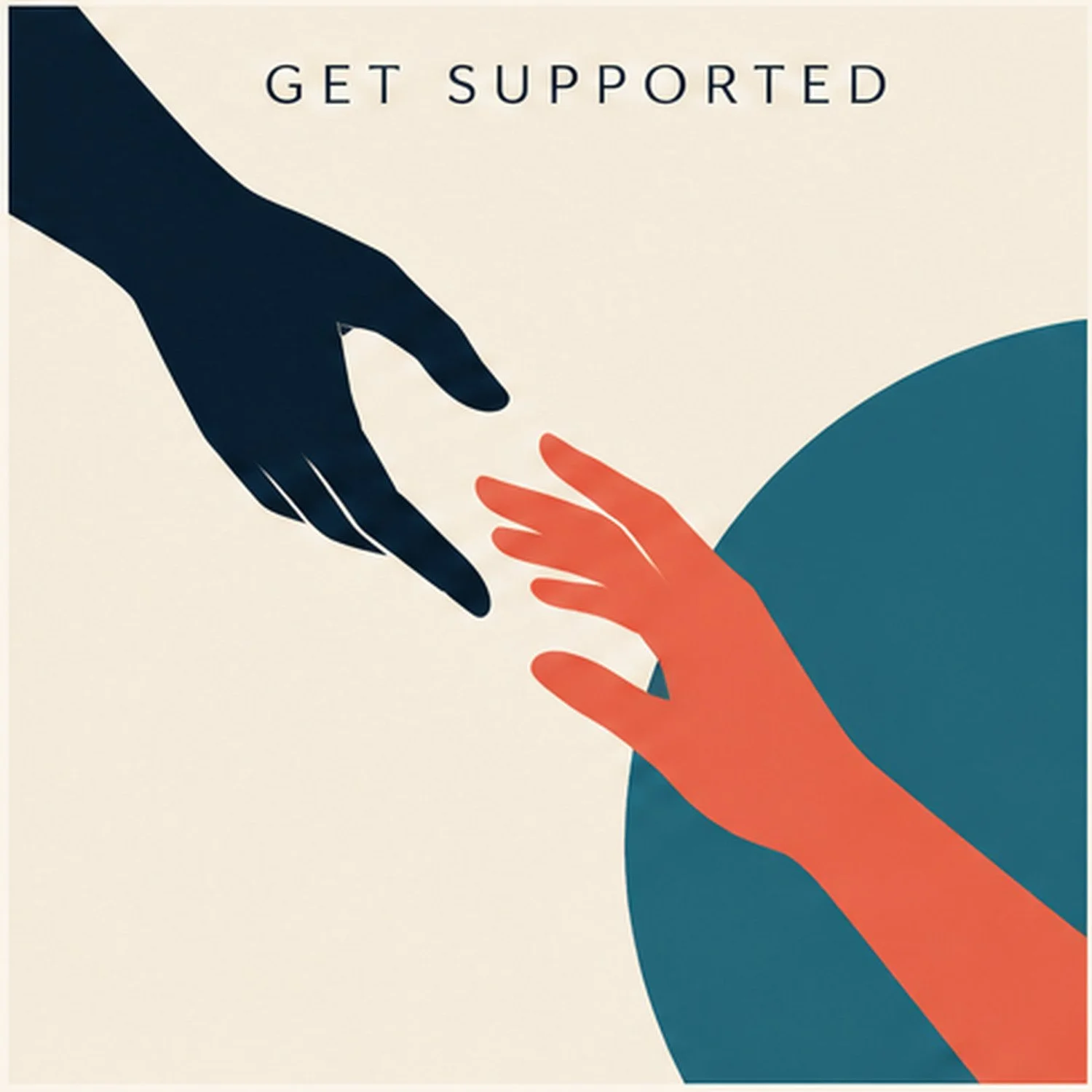 Illustration of a large hand reaching out to support a smaller hand, with the text 'Get Supported' at the top.